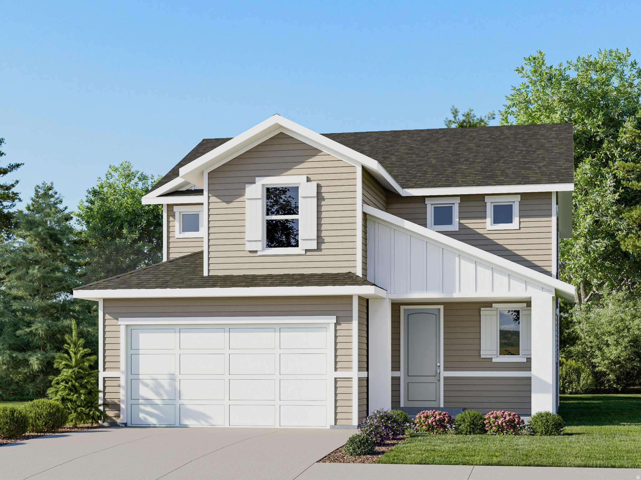 The Valley at Wildflower - 3232 - Pinnacle - Receive up to $20,000 in closing costs or ask about our rate buydowns when financing with our preferred lender! Estimated completion in September. This home includes 4 bedrooms, 2.5 bathrooms, 2-car garage and a full unfinished basement. The main floor offers a family room, mudroom, dining area and a kitchen that boasts craftsman style cabinets and quartz countertops. Upstairs has four bedrooms, including the luxurious owner's suite with walk-in closet, a convenient laundry room, and master bath suite. Square footage figures are provided as a courtesy estimate only and were obtained from builder. Buyer is advised to obtain an independent measurement. Interior photos are of same style of home but not actual home. Rendering is for illustrative purposes only.