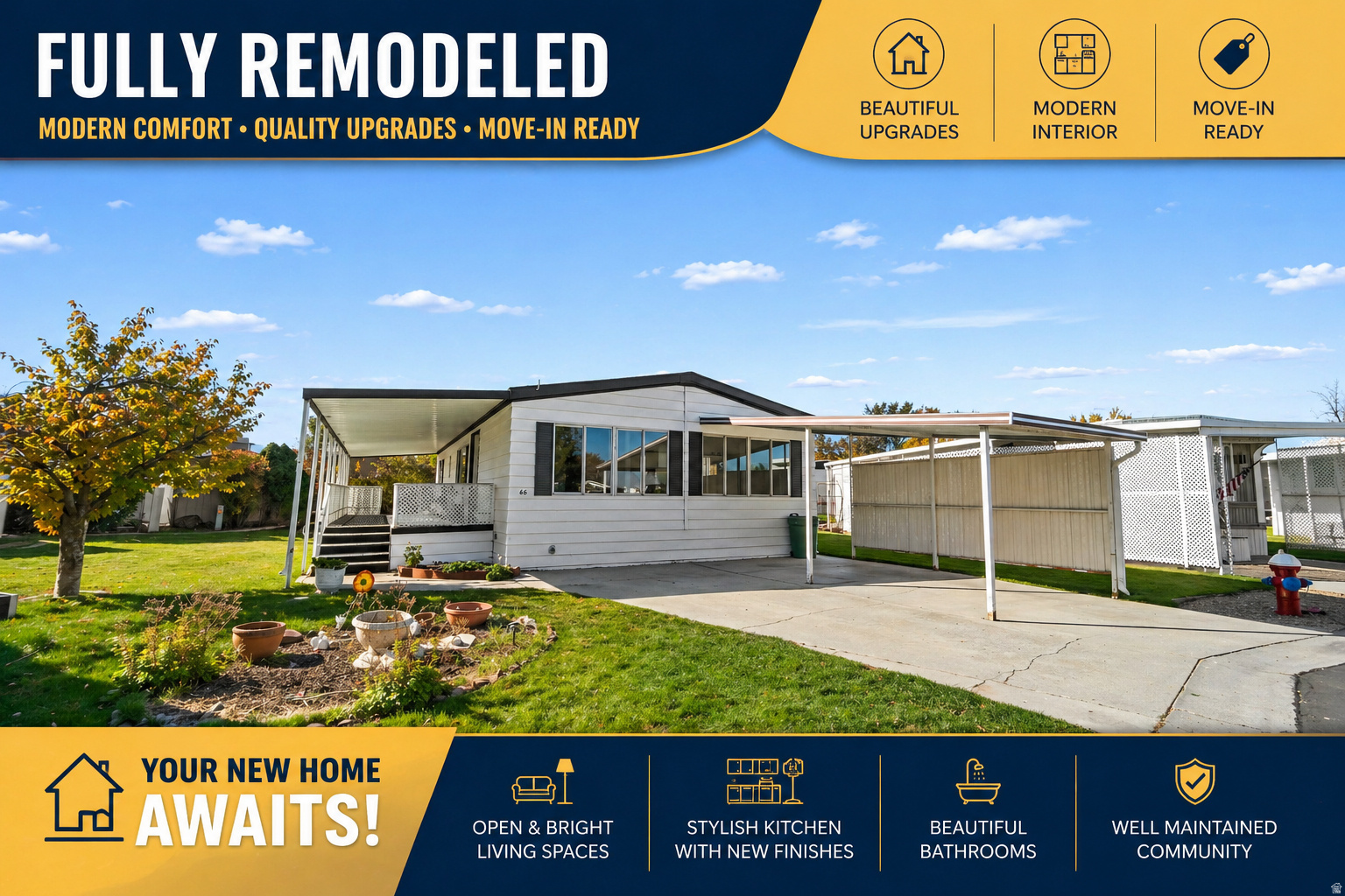 3 bed, 2 bath home (~1,400 sq ft) built in 1980 in Monte Vista MHP. Fully remodeled with a functional open layout, spacious living area, and private primary suite. Move-in ready with great natural light and storage. Close to shopping, dining, and major roads. Buyer must be park approved; lot rent  $775/mo. Financing options available based on approval. 55+ community