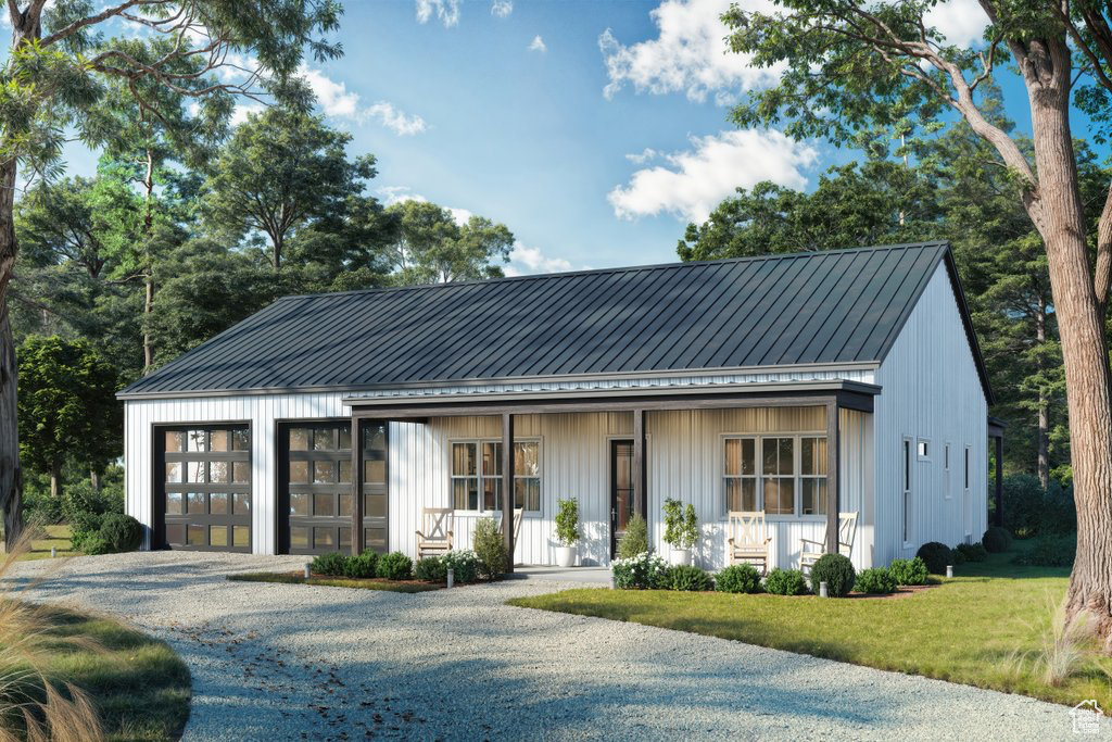 This barndominium blends modern comfort with simple charm, designed for both everyday living and entertaining. It features two bedrooms, two full baths, an oversized garage, and a laundry room. The heart of the home is an open-concept living, dining, and kitchen area with 12-foot ceilings, an electric fireplace, and large windows that open to spacious front and rear porches-ideal for gatherings or relaxing outdoors. The kitchen includes a central island for casual dining, while the main suite offers a walk-in closet and a custom shower in the en suite bath. Option to add a basement! This floor plan can be customized!