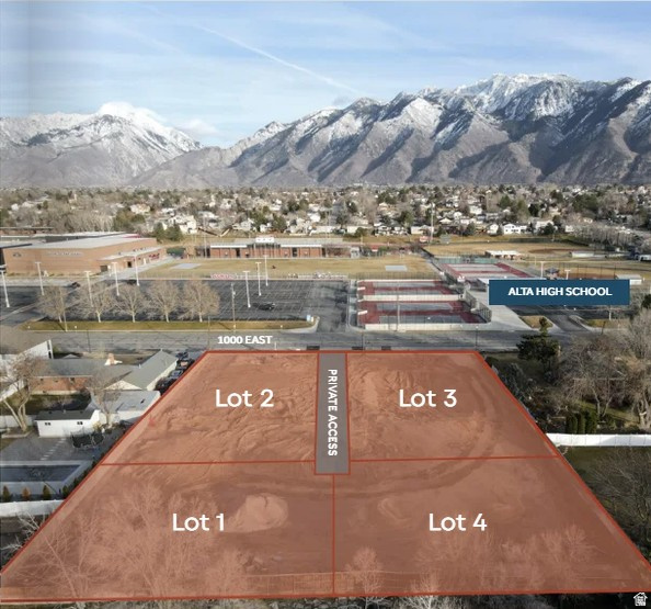 Introducing Alta Park Lot #2 - a .23-acre custom homesite in a quiet 4-lot community with inspiring Wasatch Mountain views. All three other lots have homes built on them.   Positioned directly across from Alta High School's outdoor recreation complex, offering quick access to fields, courts, and open space. All utilities are stubbed to the property and ready for construction, creating a streamlined build path. No required builder, however a $50,000 incentive is available toward a Castlewood build job. No HOA. Lot faces east and requires driveway access directly to 1000 East. Come walk the site and see the views, simplicity, and potential for yourself. Seller retains the right for plan approval prior to construction.