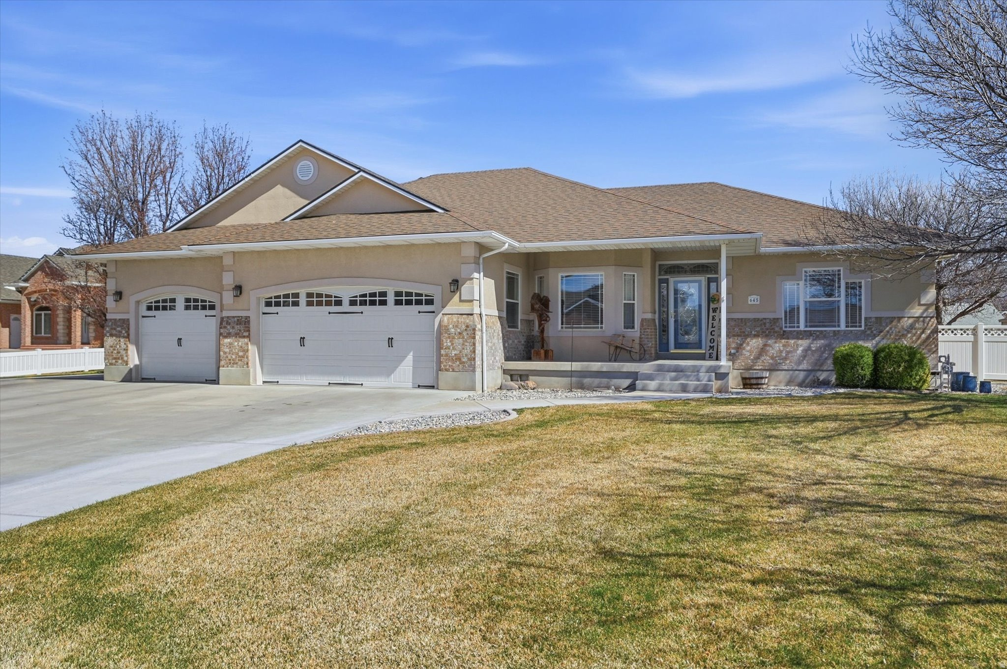 Beautiful, west-facing rambler on a .44-acre lot in Garland.  The open kitchen, dining, and great room feature 9-foot ceilings and a cozy gas fireplace, with double doors leading to a large covered patio with gas BBQ hookup.  The spacious primary suite offers a large walk-in closet and private bath with double vanities, soaking tub, and separate shower. The main floor also includes an office, mudroom, and large laundry/craft room.  Downstairs features a huge family room, two bedrooms with walk-in closets, a full bath, and space for additional bedrooms, plus plumbing for a future second kitchen and plenty of storage.  Outside you'll find a detached insulated shop, 4-car garage setup, and RV pad. New roof and furnace. This home is a must see!  Work bench in back shop is excluded. Unregistered shallow surface well used for outside watering.