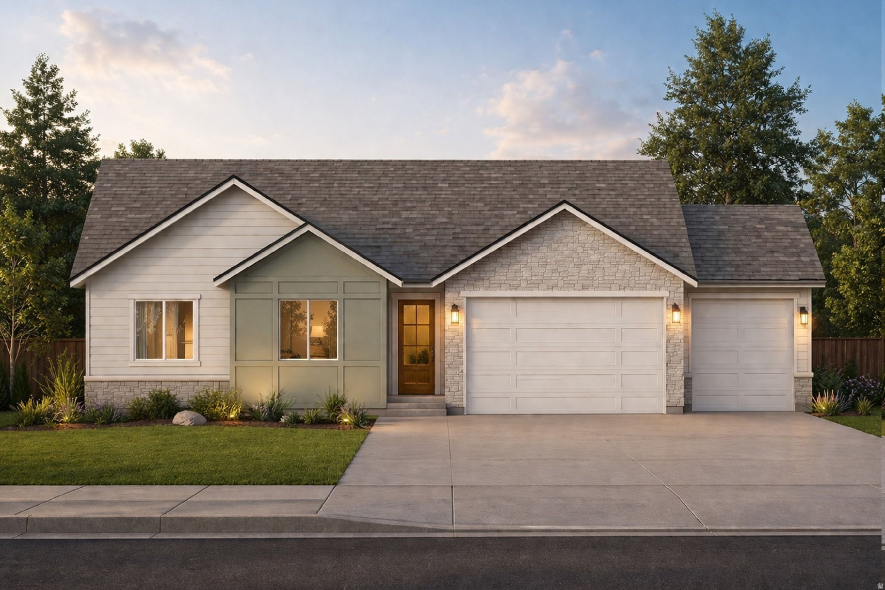 Welcome to the Hanover, a stunning new-construction ranch home that blends craftsman charm with modern open-concept living.  From the moment you arrive, the Hanover impresses with its striking exterior featuring stacked stone accents, sage board-and-batten siding, a warm wood entry door, and a 3-car garage. The covered front porch sets a welcoming tone for what awaits inside.  Step through the entry into a soaring vaulted great room where the family room, dining area, and kitchen flow seamlessly together,  ideal for everyday living and entertaining alike. The well-appointed kitchen offers a large pantry and easy access to the dining space, making meal prep and hosting effortless. The spacious primary suite is a true retreat, featuring a generous walk-in closet and a private en suite bath. Two additional bedrooms offer flexibility,  including a versatile Flex/Bedroom that can serve as a home office or guest room. A dedicated laundry room with washer/dryer hookups adds everyday convenience, while the oversized 3-car garage provides exceptional storage and parking for the whole family.