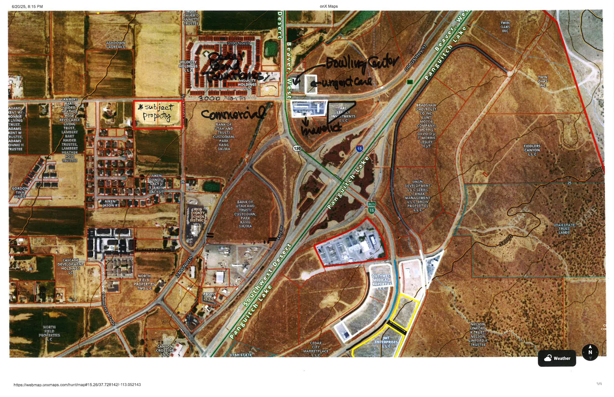 Prime Corner located at 100 E and 3000 N. Close to I-15 North Interchange. High Traffic area! All utilities available. Property is in the process of being annexed into Cedar City and re-zoned to ''Mixed Use'' (commercial/high density residential) subject to City final approval. Water rights available.
