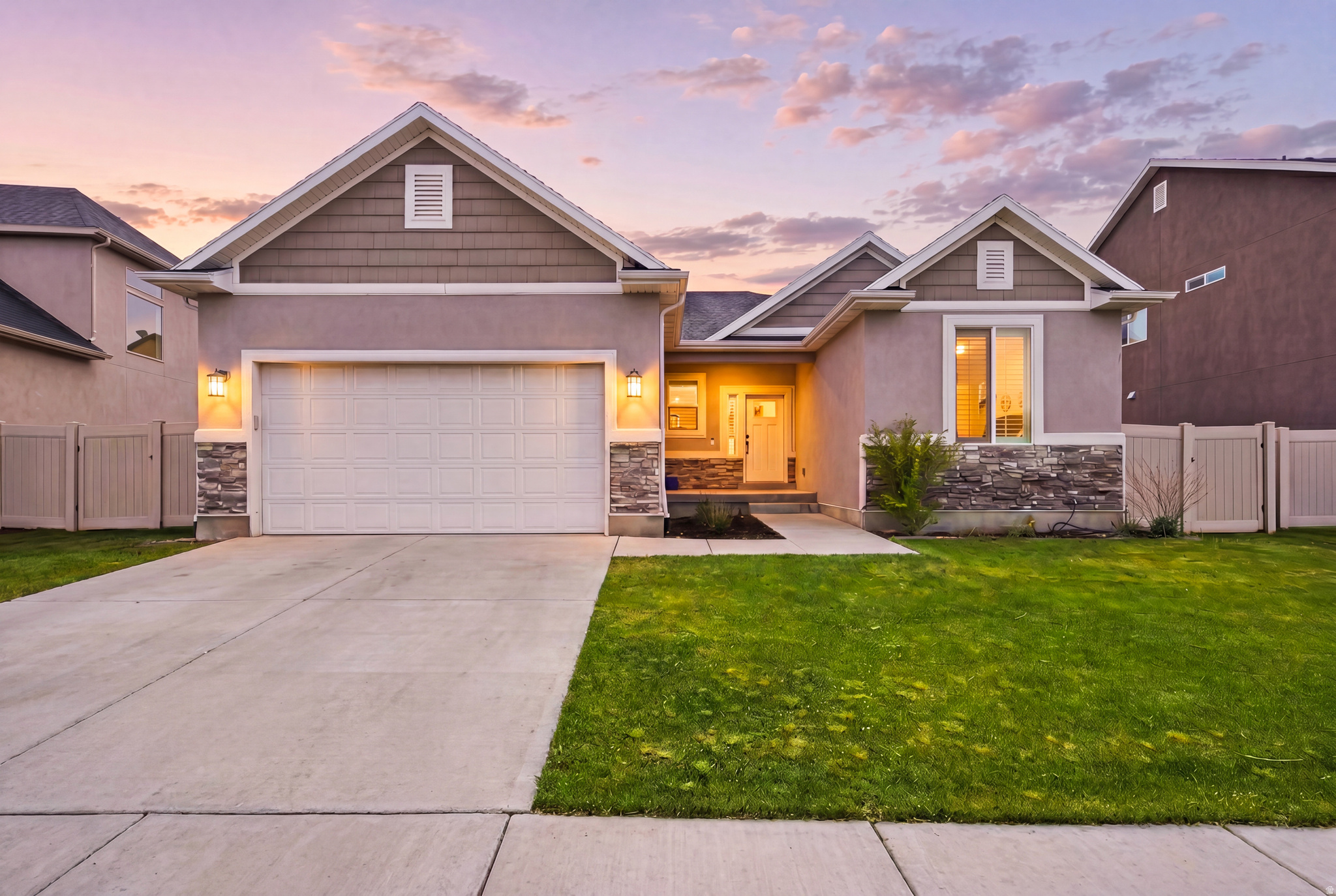Beautiful 2018 Lehi rambler in the highly sought-after Traverse Mountain community! This home features modern finishes throughout, plantation shutters, vaulted ceilings, and a spacious great room. The main level offers an owner's suite plus two additional bedrooms. Enjoy an updated kitchen with granite countertops, tall pantry cabinets, and a walk-in pantry. The fully finished basement includes a double-insulated theater room with stadium seating. Additional highlights include quartz bathroom countertops, a high-efficiency heating system, double-pane windows, custom window well covers, and an oversized garage with room for trailers, ATVs, and other toys. Conveniently located near I-15, shopping, and dining, with access to community amenities including a resort-style pool, clubhouse, gym, and multiple parks. Buyer/Agent to verify all listing information.
