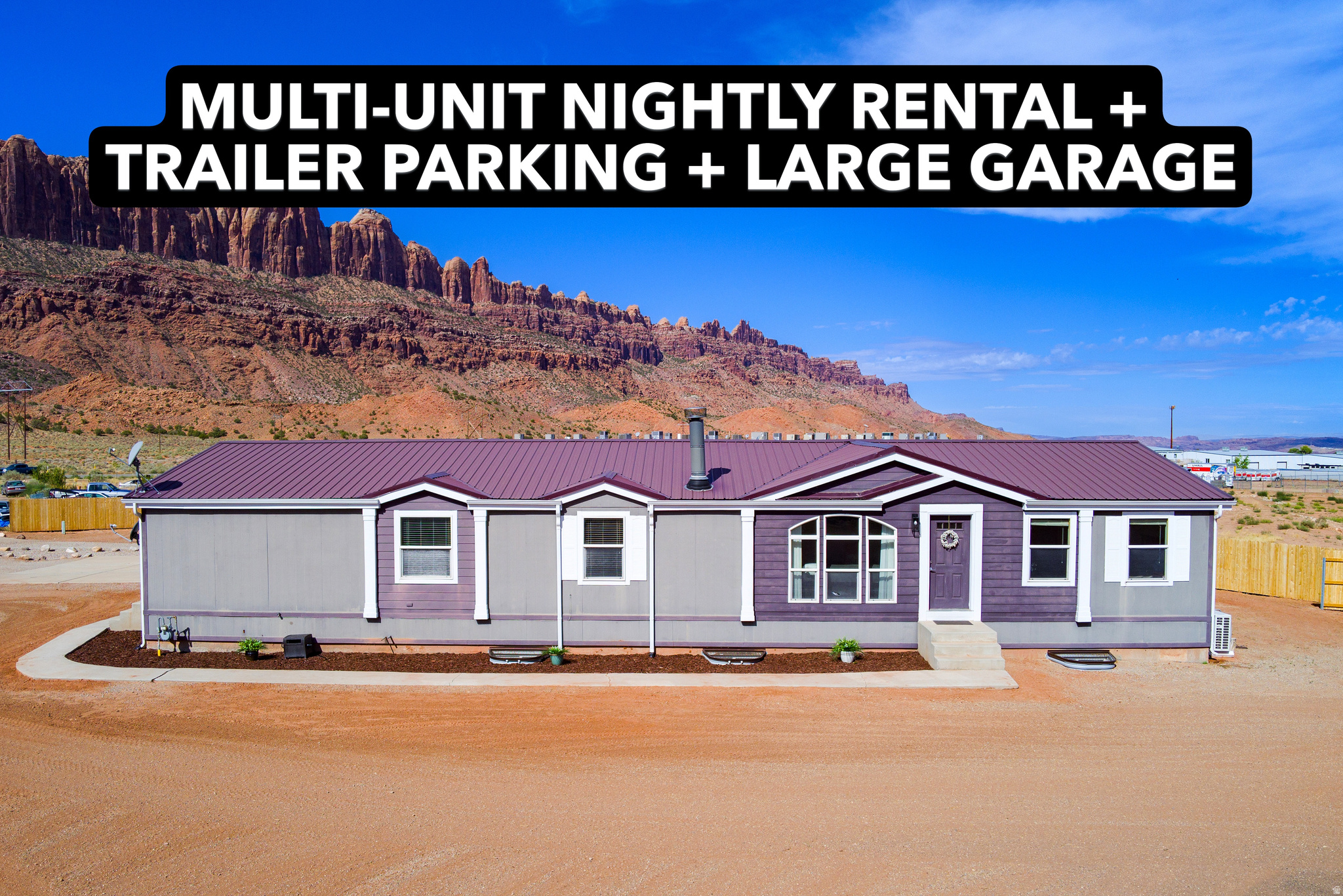 Spacious Multi-Unit Nightly Rental with Trailer Parking & Oversized 3-Car Garage. This 7 bed, 4 bath, 4,774 sqft home has two separate levels and is zoned and licensed for nightly rentals. The full house could potentially sleep up to 28+ guests. You could use this home as one large rental or two separate units, live in one level and rent the other - or rent both. Situated on approximately 0.6 acres with stunning views, this home offers exceptional versatility, comfort, and income potential making it ideal for investment, multi-family use, or full-time living with rental income. The main level features a spacious layout with 4 bedrooms, 2 bathrooms, large kitchen, separate living and family rooms, a wood-burning stove, and abundant storage throughout - perfect for long-term rental, owner occupancy, or short-term rental. The fully remodeled lower level has a private entrance and is designed for short-term rental use. It boasts a beautiful open-concept kitchen with butcher block countertops and custom cabinetry, large dining area, family room with a 75" TV and pool table, and a game room with ping pong and a charming kid's space. This level includes 3 oversized bedrooms (including a bunk room), 2 elegant bathrooms, a laundry room, and sleeps up to 14 guests. Furniture downstairs can be included with the sale for a turn-key rental setup. Step outside to enjoy a private patio with a grill, firepit and seating, ambient lighting, and a separate parking area for 3 additional vehicles. The property also features an amazing 1,200 sqft attached 3-car garage and extensive trailer/toy hauler parking - perfect for outdoor enthusiasts. It has stunning views of the Moab Rim & La Sal Mountains, is in a quiet cul-de-sac just 10 minutes from downtown Moab, and is close to Arches, Canyonlands, and world-class outdoor recreation. With San Juan County nightly rental zoning and business license already secured, you're ready to start renting immediately. Whether you're looking to invest, host, or simply enjoy a basecamp for your adventures in Moab, this property offers unlimited potential. All information deemed reliable; buyer to verify all. NOTE: Property is undergoing a subdivision process. Final lot size will be approximately 0.6 acres but may vary slightly. Contact listing agent for details. Owner/Agent.