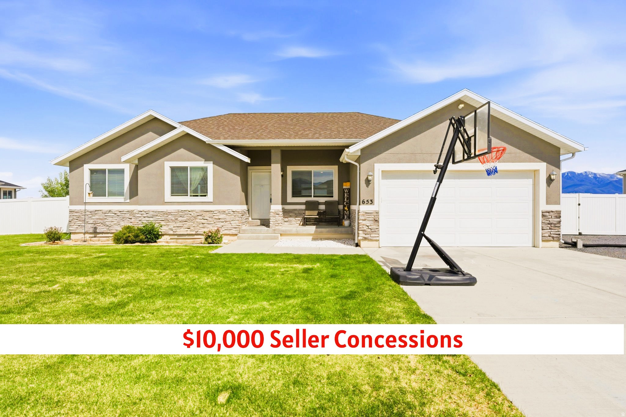 $10,000 in seller concessions offered toward closing costs, rate buy-downs, or updates depending on buyer needs and loan program.  Rare Grantsville setup with NO rear neighbors, a detached 2-car shop/garage, massive RV parking, and room for all the toys, trailers, boats, trucks, and side-by-sides - all on a fully usable half-acre lot in the highly sought-after Anderson Ranch subdivision.  This beautifully maintained 2017 rambler offers the kind of space, flexibility, and privacy buyers are struggling to find right now.  Inside you'll find 3 bedrooms | 2 bathrooms | granite countertops | warm inviting finishes | thoughtfully designed living spaces | and move-in ready condition throughout.  The partially finished basement is already approximately 50% completed and currently functions as a playroom and theater space. The projector and screen stay with the home. A basement bathroom has already been partially completed as well, creating an incredible opportunity for additional equity and future expansion.  Outside is where this property truly shines.  The oversized deck overlooks unobstructed mountain views and open space behind the home, creating a rare sense of privacy and breathing room. The backyard offers endless possibilities with room for a pool | sport court | outdoor kitchen | firepit area | garden beds | playground | pickleball setup | future outbuildings | or additional recreational space without feeling crowded.  The detached 2-car garage/shop is ideal for hobbies, storage, projects, business equipment, gym space, or additional parking.  It also has wire run for a 50-amp 240V hookup, while the current outlet is configured as a 120V 30-amp hookup.    Combined with the extensive RV and gravel parking areas, this property was designed for real-life functionality without sacrificing curb appeal.    Conveniently located near schools, parks, shopping, and everyday amenities while still offering the peace and elbow room that makes Grantsville living so desirable.  Clean | Functional | Private | Flexible | Beautifully maintained.  Homes with this combination of usable land, storage, privacy, parking, and future potential are becoming increasingly difficult to find.