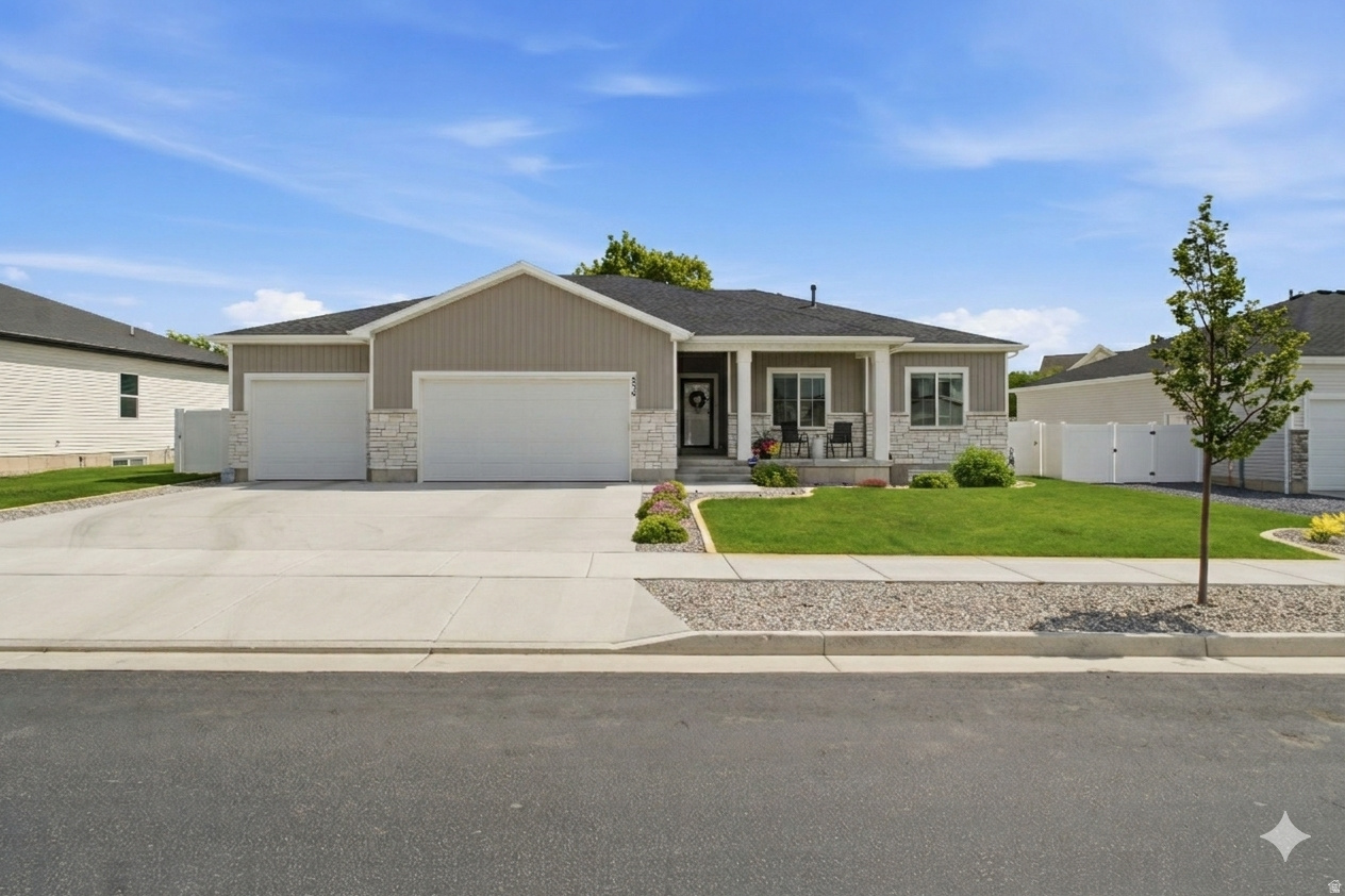 Get the new build feel without the new build to-do list -- this darling home's yard, fence & basement are already done! Nestled in the sought-after Golden Forest community, this gorgeous rambler is just over 2 years old and better-than-new... Inside, the wide open great room and bright main-level living make everyday life & entertaining easy with a functional kitchen featuring quartz counters throughout & soft-close cabinets with custom pullouts.   The finished basement (2026) adds two bedrooms, a full bath & a family room -- plus a flex room you could finish as a 6th bedroom. Room for everyone AND room to grow!  So many upgrades throughout: full landscaping with sprinklers, built-in garden boxes with drip system, extended concrete patio, fully fenced yard, French drain, surround-sound & ethernet wiring throughout + so much more! You won't be hurting for space either with the rare 4-CAR GARAGE!  The cherry on top? All the community amenities on the way -- pool, clubhouse, pickleball & basketball courts, and a dog park -- plus HOA fiber internet already included! This one is truly a must-see.. don't miss your chance to call it yours! **For more info, including 3D/video walkthroughs & a full list of this home's upgrades, visit 236smithfield.com** Buyer to verify all information, square footage taken from building plan.