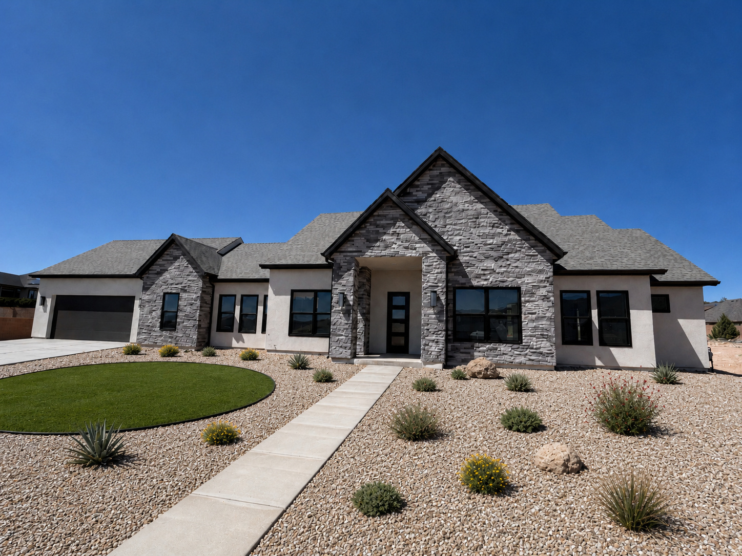 BRAND NEW CONSTRUCTION WITH JAW-DROPPING MOUNTAIN VIEWS! Scheduled for completion in July 2026, this stunning 2,554 sq ft rambler sits on a spacious .42-acre lot. Features a striking stone-accented exterior and a premium xeriscape front yard with turf and drip irrigation. Inside, an exceptional split-bedroom floor plan offers ultimate privacy. The primary wing is a sanctuary featuring  the large primary suite and ensuite featuring dual quartz vanities, a soaking tub, and an oversized walk-in tile shower with dual heads and Euro glass. The opposite wing houses 2 additional bedrooms plus a versatile flex room/office. At the heart of the home is a vaulted great room anchored by a dramatic floor-to-ceiling stone fireplace with built-ins. The gourmet chef's kitchen boasts quartz counters, a massive granite island, a 36" gas range with hood, an included refrigerator, and a massive butler's pantry. Enjoy outdoor living on the large covered patio. Oversized laundry, mudroom, and full tile surrounds in all baths. Truly a must-see!  Property Summary Property Type: Single Family Residential Style: Rambler / Ranch Year Built: 2026 (Under Construction) Est. Completion: July 2026 Square Feet: 2,554 Bedrooms: 3 Flex Room/Office Bathrooms: 3 Garages: 2-Car Attached Lot Size: 0.42 Acres Interior Features Master Bedroom: Main Floor, Walk-in Closet, Separate Tub/Shower, Dual Vanity Kitchen Features: Quartz Countertops, Granite Island, Butler's Pantry, Range Hood, Gas Range (36"), Refrigerator Included Inclusions: Refrigerator, Range Hood, Gas Range Fireplaces: 1 (Floor-to-Ceiling Stone, Electric) Additional Rooms: Great Room, Office/Flex Room, Laundry Room, Mudroom Interior Flooring: Tile, Carpet Ceilings: Vaulted, Standard Exterior Material: Stone / Stucco Landscaping: Xeriscape Front Yard, Synthetic Turf, Drip Irrigation, Perennials/Plants Patio/Deck: Covered Patio (Large) Mountain View(s) 0.42 Acres Buyer to verify all MLS information, including square footage and acreage, which are provided as a courtesy estimate only.