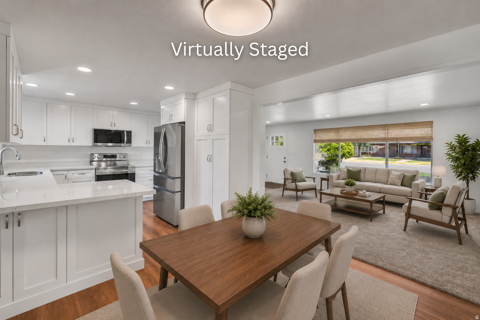 Tastefully remodeled 4-bed, 2.75-bath, just over 2,000 sq ft in Orem's quiet Lakewood Village. Redesigned kitchen with quartz counters & custom cabinets. New LVP flooring, carpet & paint. Enclosed sunroom with panoramic Utah Valley views. Move-in ready! Beyond the main living areas, that enclosed sunroom adds roughly 400 sq ft of flexible space, perfect for workouts, hobbies, or game nights with family and friends. The attached two-car garage, multiple oversized storage areas, and an outdoor shed leave room for everything from sports gear to seasonal decor. Set on a calm street just five minutes from I-15, University Mall, schools, and parks, this home pairs modern comfort with a location that's hard to beat. Schedule your private tour today and see why Lakewood Village homes go fast! Square footage figures are provided as a courtesy estimate only and were obtained from County Record. Buyer is advised to obtain an independent measurement.