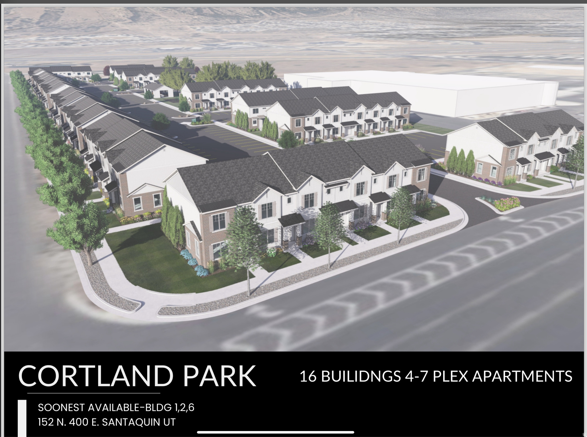 New construction multi-unit opportunity in Santaquin. Cortland Park features 47 plex buildings with functional, low-maintenance layouts and strong rental potential. Each unit offers 2 bedrooms and an unfinished basement, providing opportunity for added value and future expansion. Ideal for investors looking to scale in a growing area. HOA is currently being established; details to be finalized prior to closing.  Square footage figures are provided as a courtesy estimate only and were obtained from plans.  Buyer is advised to obtain an independent measurement.