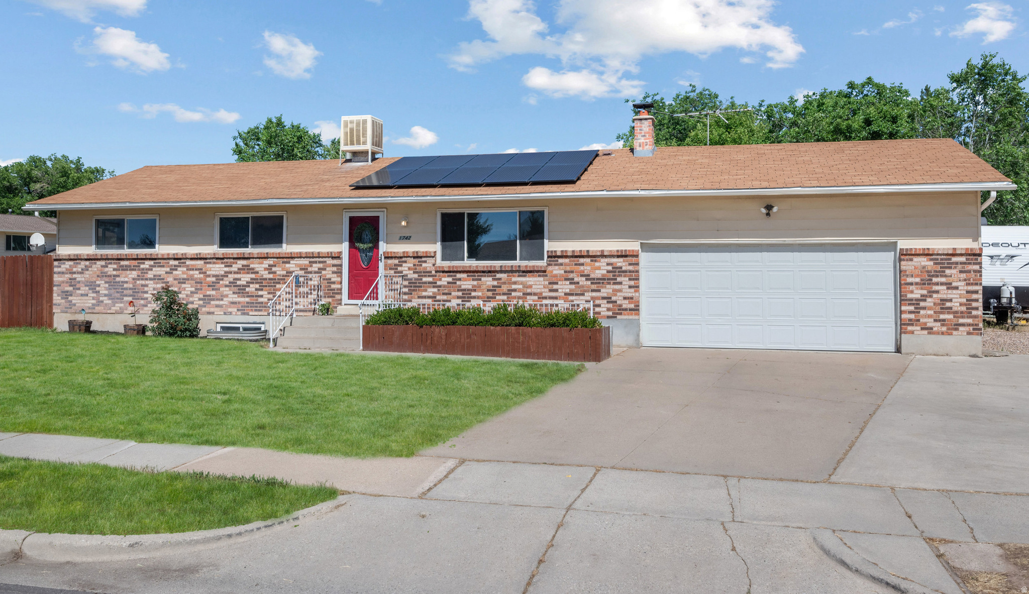 An amazing sized home under 500k Seller WILL offer CLOSING costs!!!  2 MASTER BEDROOMS, HUGE CORNER LOT, HUGE GARAGE, HUGE FAMILY ROOM, NEW CARPET, NEW LVP, NEW PAINT, NEWER CENTRAL AC SYSTEM, BACK SPRINKLERS, NEW SS APPLIANCES, $25 power bills with the OWNED SOLAR PANELS This is a spacious rambler with room for everyone! You'll love the large bedrooms, updated kitchen, and huge basement that offers endless possibilities for movie nights, a playroom, home gym, or extra living space. Outside, the oversized yard is perfect for kids, pets, gardening, and summer BBQs with family and friends. With plenty of space both inside and out, this home is ready to make lasting memories.   Square footage figures are provided as a courtesy estimate only and were obtained from county records.  Buyer is advised to obtain an independent measurement.
