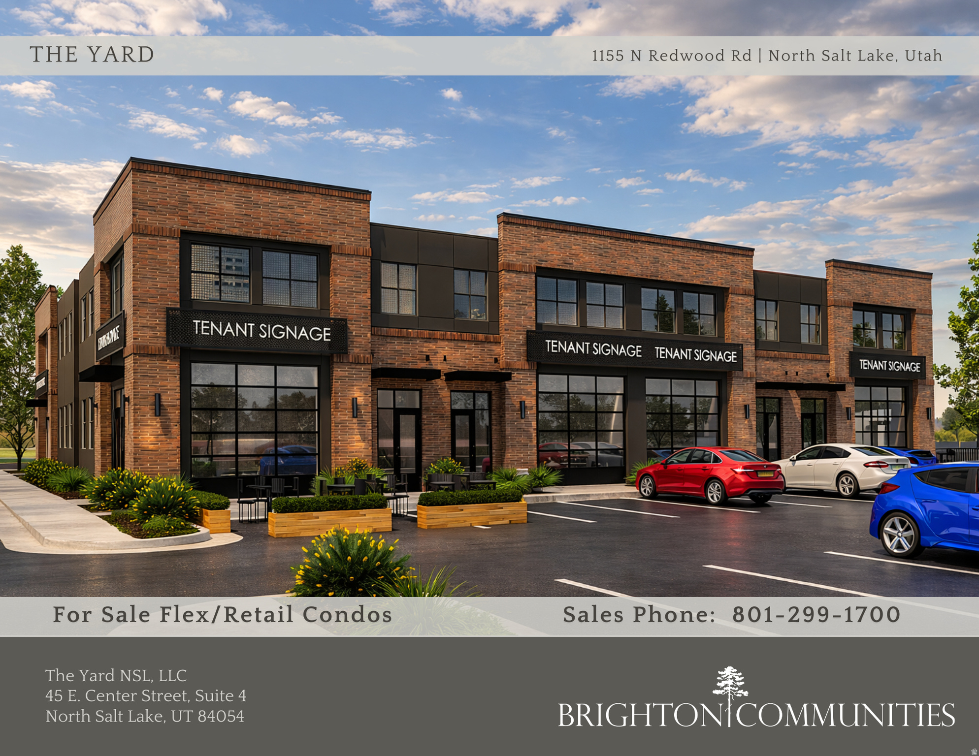Welcome to The Yard, a modern flex industrial development strategically located on Redwood Road in North Salt Lake, directly across from Skypark Airport and adjacent to the newly constructed Clifton Townhomes.  Prices start at $549,990.  The Yard offers highly functional flex industrial units designed to accommodate a wide range of commercial uses, including light industrial, showroom, office, service-based businesses, and limited retail applications (subject to zoning).  Each unit features:  Ground-level glass roll-up door, Dedicated storefront entry, Full mezzanine level for additional office or storage space.  Flexible unit configurations are available, with the ability to combine adjacent units to create larger, customized suites tailored to tenant or owner requirements.  This is a to-be-built project, with construction anticipated to commence in June 2026. Delivery of core and shell units is expected early Fall 2026.  Opportunities are available for early reservations.  Additional information can be found at: https://brightoncommunities.com/projects/the-yard-flex-retail/