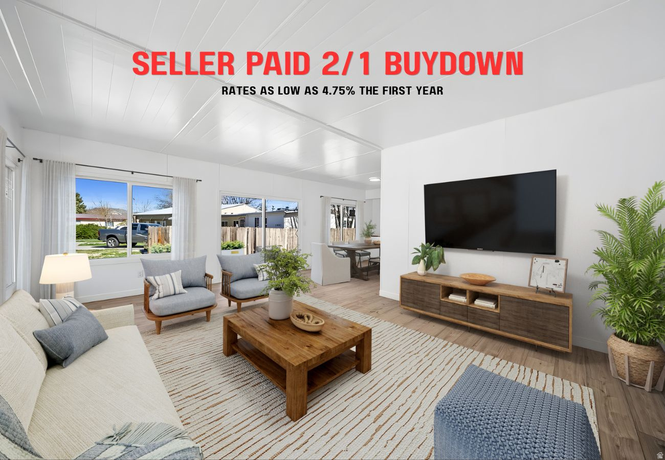 LAND IS OWNED: Seller paid 2/1 buydown! Lending options with as low as 5% down. Recently remodeled home with updates including new kitchen, bathrooms, windows, doors, A/C, furnace, flooring, interior and exterior paint, counters, appliances, carpet, partial electrical and plumbing work, landscaping, and more. It has 2 large bedrooms and a good-sized living area with big windows for plenty of natural light. Outside there's a deck and patio with mountain views, a large driveway leading to an oversized 2-car detached garage, plus a carport for extra parking and room for an RV. The yard is small but has potential, with grape vines along the side. Seller has lender available for mobile home applications and approvals if needed please reach out. Square footage figures are provided as a courtesy estimate only and were obtained from measurements.  Buyer is advised to obtain an independent measurement.