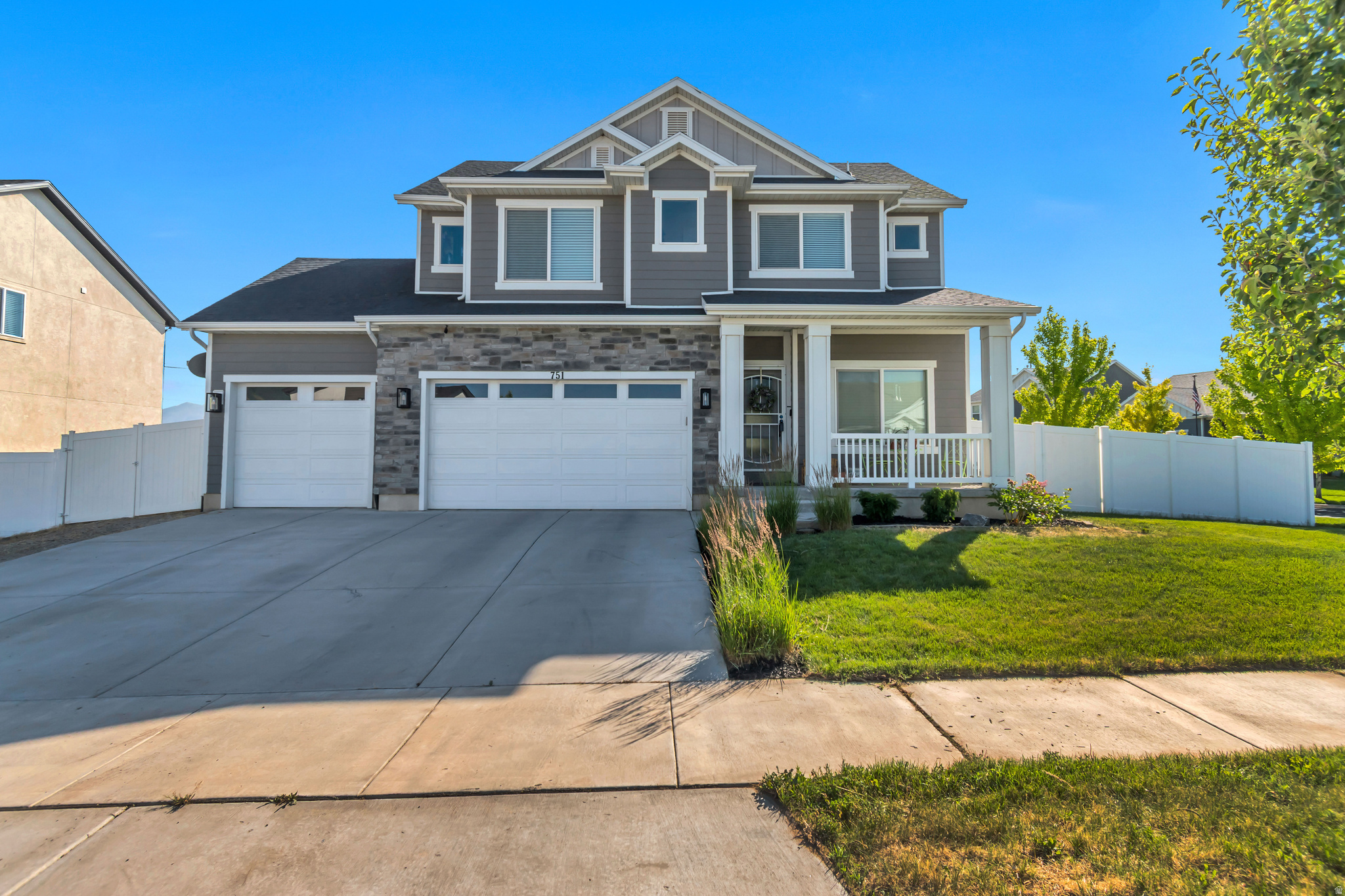 Beautiful 2019 home in the highly desirable Legacy Farms community! The open floor plan features LVP flooring on the main level, granite countertops, stainless steel appliances, abundant natural light, and a 3-car garage. Every bedroom includes a walk-in closet, offering plenty of storage space throughout the home. Enjoy the fully landscaped and fenced yard complete with a pergola, creating the perfect space for outdoor living and entertaining.  The basement is already framed with some electrical completed and includes a separate 95% efficient gas HVAC system, providing a valuable head start for future finishing. Conveniently located near schools, parks, shopping, and commuter routes, with no HOA. Schedule your showing today!