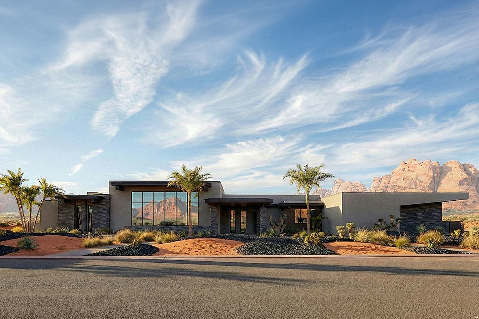 Striking contemporary new construction set on .66 acres with breathtaking Red Rock views at the beautiful North Village at Black Desert Resort. Designed for elevated living, this one-of-a-kind estate offers over 10,000 sq ft of thoughtfully crafted living space, featuring 6 bedrooms and 8 bathrooms, plus an incredible indoor recreation wing complete with a full Basketball/pickleball court and private gym. Expansive gathering areas are designed for effortless entertaining and unforgettable events. Clean architectural lines, soaring open-concept spaces, and refined modern finishes define the home's sleek, sophisticated style. Step outside to a beautifully designed outdoor retreat featuring a pool, BBQ area, and firepit--all perfectly positioned to capture the stunning surroundings.