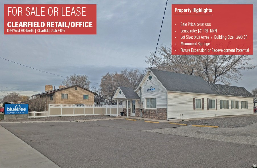 Sale Price: $465,000  Lease rate: $21 PSF NNN  Lot Size: 0.53 Acres / Building Size: 1,990 SF  Monument Signage  Future Expansion or Redevelopment Potential  Being sold with all dental FF&E removed from the prior user, and ready for general retail/office use