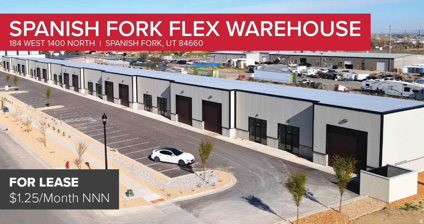 Total Available: - One (1) 2,995 SF Unit - Office: 308 SF - Warehouse: 2,687 SF  One (1) 14'x14' Grade Level Doors  Clear Height: 14'-19'  Gas Forced Heaters  Power: 200 Amp / 120V 3-Phase / 4-Wire  Free Span Building  Mop Sink in Warehouse  Zoning: I-1 (Light Industrial)  Access: Great Freeway Access  Mile From I-15 Via Exit 257  Location: Conveniently Located In The Highly Desirable Spanish Fork Submarket