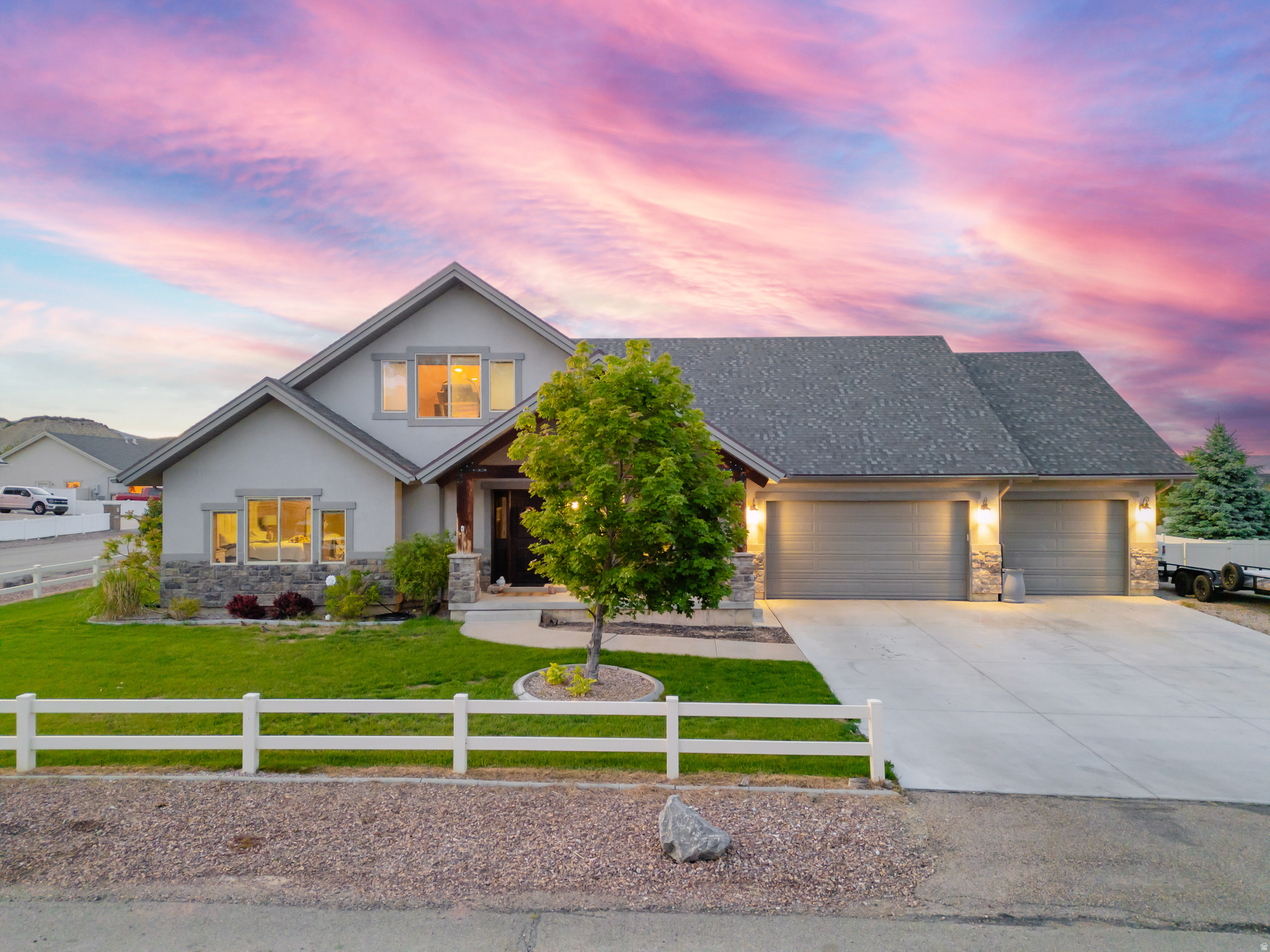 Welcome home to this beautiful two-story featuring 5 bedrooms, 3 bathrooms, 2 spacious family rooms, and a 3-car garage. Designed for both comfort and entertaining, this home offers a stunning covered back patio perfect for relaxing evenings while enjoying breathtaking mountain views from the exquisitely landscaped backyard. The updated kitchen showcases new cabinets, elegant quartz countertops and plenty of space for gathering and hosting. Many upgrades including new water heater and a completely new AC system installed within the last few years. With generous living space, thoughtful updates, and luxurious outdoor living, this home offers the perfect blend of comfort, style, and functionality. Square footage figures are provided as a courtesy estimate only and were obtained from previous MLS. Buyer is advised to obtain an independent measurement.