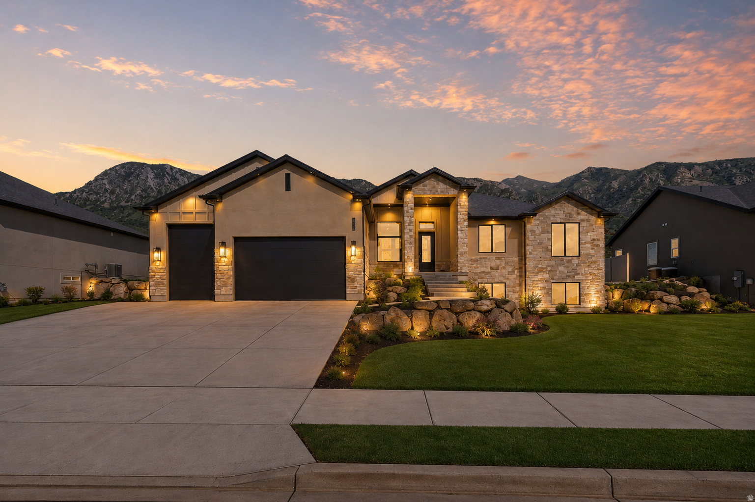 Move-In Ready & Designed to Impress! Step into this beautifully finished 7-bedroom rambler where space, comfort, and thoughtful design come together effortlessly. From the moment you enter, you'll feel at home in the bright, open layout highlighted by soaring vaulted ceilings and a warm, inviting gas fireplace-perfect for relaxing or gathering with loved ones. At the heart of the home, the gourmet kitchen shines with custom cabinetry, soft-close doors, elegant hardware, and charming glass-front accents. Premium appliances, including a built-in 66" refrigerator/freezer, make this space as functional as it is stunning-ideal for everyday living and entertaining alike. Unwind in the luxurious primary suite, your private retreat featuring a soaking tub, oversized shower, dual vanities, and a spacious walk-in closet. The fully finished basement offers incredible versatility with its own kitchenette, four additional bedrooms, a full bath with double sinks, and a second laundry room-perfect for guests, extended living, or multi-generational needs. A walk-out design even opens the door for potential ADU options. Outside, you'll find room for all your vehicles and toys with a generous 4-car garage, EV charging outlet, and a concrete RV pad. This home truly has it all-space, style, and flexibility-ready for you to move in and make it your own.