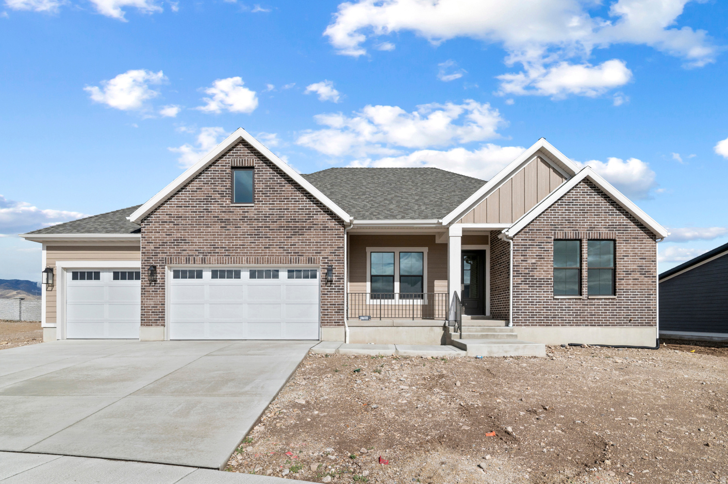 Come see this beautiful brand new Creighton Farmhouse, an exquisitely designed home offering timeless charm paired with modern convenience. The gourmet kitchen showcases maple cabinets with LED lighting, quartz countertops, full-height tile backsplash, and stainless steel gas appliances with double ovens-perfect for entertaining or family gatherings. A box window and atrium door in the kitchen nook invite natural light while creating a warm and inviting dining space. The open floor plan features a spacious great room highlighted by a gas log fireplace and french doors leading to the living room. Hardwood laminate flooring with tile and carpet in select spaces add style and comfort throughout. This home also includes an upstairs loft, a finished basement with 9-foot foundation walls, a 3-car garage with exit door, and expanded utility with gas lines for BBQ and dryer hookups. Additional highlights include can lighting, Christmas light outlets, a passive radon system, and energy-efficient design elements. The owner's bathroom and secondary baths are enhanced with elegant tile surrounds, while black matte hardware, textured walls, and two-tone paint add sophistication. Loft base and casing bring a polished finishing touch to this exceptional home.
