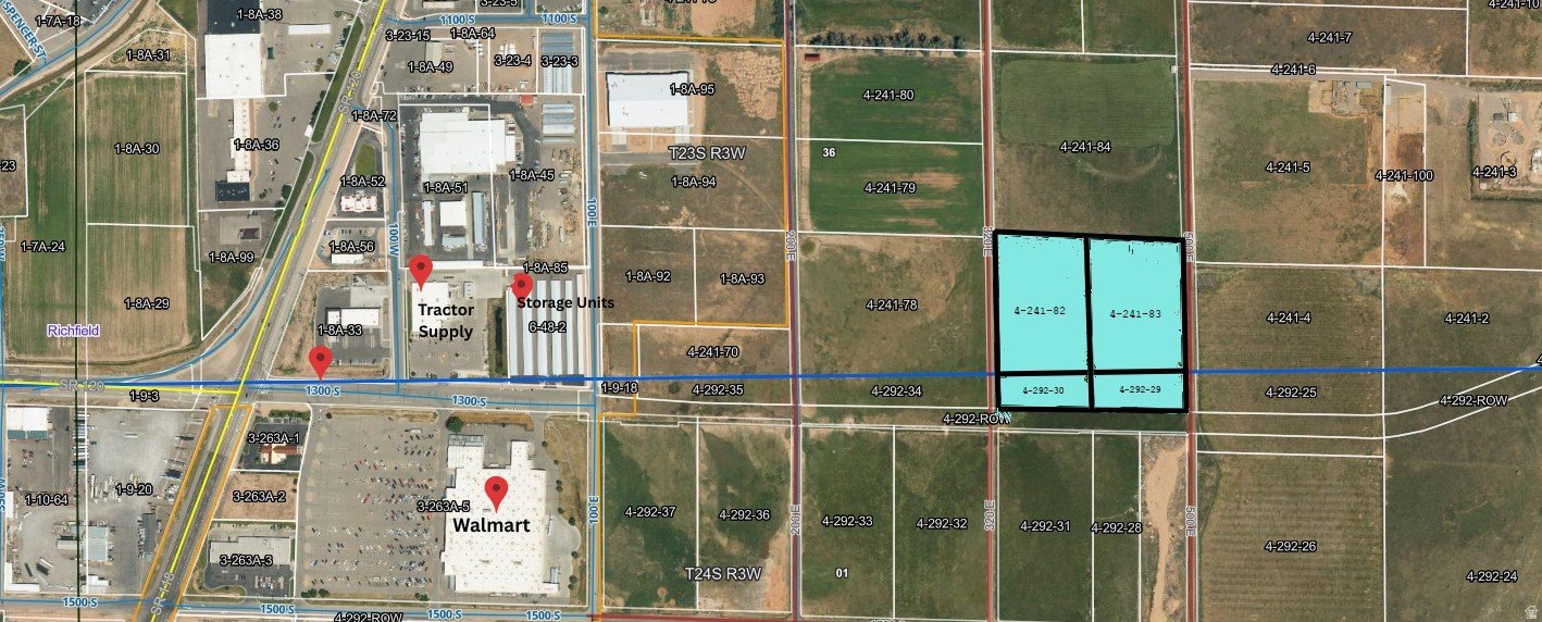 Rare opportunity just outside city limits with exceptional access and long-term potential.  These four parcels are located in the county and are being offered together as a single, combined opportunity. Positioned just east of 1300 South in Richfield-a dedicated city road-the property benefits from strong proximity to town, with access anticipated from this corridor.  While technically outside of city limits, the parcels sit just east of the city boundary, offering a rare blend of accessibility and flexibility. The property is bordered by three established roadways, including potential access points from 320 East and 500 East, allowing for multiple layout and development configurations depending on future plans.  No water shares are included. However, opportunities like this are increasingly limited-larger, contiguous acreage this close to Richfield with multiple access points and strong positioning rarely becomes available.  This is a standout piece of ground for those looking to secure land with long-term upside, flexibility, and proximity to town.  Address shown is for general location and identification purposes only. Property is currently outside city limits and the address has not been officially assigned or verified by the city, county, USPS, or emergency services. Buyer and buyer's agent are advised to independently verify all addressing information.