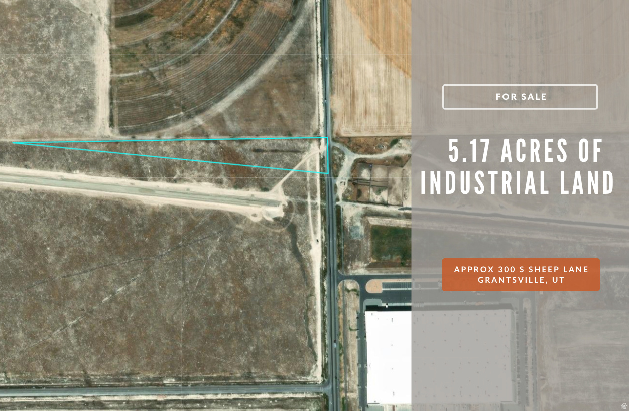 Approximately 5.17 acres of level, unimproved industrial land located at approx. 300 S Sheep Lane, Grantsville, Utah. Parcel No. 01-129-0-0003. Zoned MG for industrial users (General Manufacturing) with utilities stubbed to the site and direct access via Sheep Lane. The site sits adjacent to the Savage Rail Line, offering excellent logistics connectivity within a rapidly growing industrial corridor. Also near Lakeview business park and Utah Motorsports.