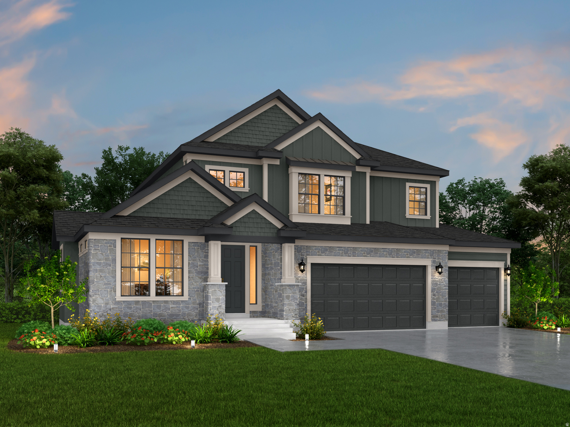 Come see this beautiful brand new Montclair Traditional in the sought after Holbrook community in Lehi-an exceptional home that blends timeless style with modern upgrades throughout. The kitchen is a true centerpiece, featuring Bluff Maple cabinetry with LED lighting, elegant quartz countertops, stainless steel gas appliances, and double ovens-perfect for both everyday living and entertaining. A tile backsplash adds a polished finishing touch. Enjoy a mix of laminate hardwood, tile, and carpet flooring designed for both durability and comfort. The spacious great room is anchored by a cozy gas log fireplace, creating a warm and inviting atmosphere. The owner's suite offers a refined retreat with tile surrounds in the bathroom and thoughtful details throughout. Additional interior highlights include textured walls, two-tone paint, large craftsman base and casing, sleek black matte hardware, and convenient USB outlets in the owner's bedroom. This home is built with functionality in mind, featuring motion sensor switches, a gas line to the laundry room, and a Christmas light package for seasonal ease. The 9-foot basement foundation walls provide added space and potential, while the 3-car garage with an exit door offers ample storage and accessibility. Step outside to an expanded covered deck-ideal for relaxing or entertaining year-round. The Montclair Traditional delivers comfort, style, and smart design in every detail!