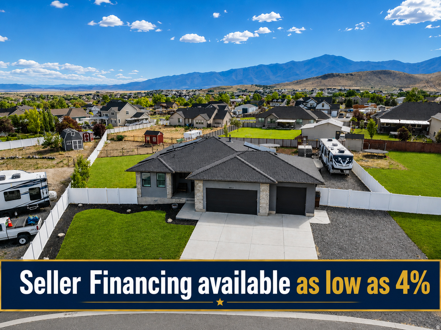 -Seller Financing Opportunity Available -0.57 Acre HORSE Property -Paid-Off 15kW Solar System -Massive RV Parking Pad  Rare opportunity to own a fully finished 5-bedroom, 3-bath home on 0.57 acres in Eagle Mountain with horse property rights, a paid-off 15kW solar system, and potential seller financing available at rates as low as 5% through a subject-to financing structure for qualified buyers. This well-maintained property offers the space and flexibility that are hard to find, featuring a spacious floor plan, oversized 3-car garage, and a massive RV parking pad with plenty of room for trailers, toys, and equipment. Enjoy modern upgrades including an EV charger and hot tub hookups, while benefiting from dramatically reduced utility costs thanks to the fully owned solar system. The property also includes a custom chicken coop, affectionately known as "Cluckingham Palace," and the sellers are willing to include up to 20 egg-laying chickens if desired. With horse property designation, room to spread out, and valuable energy-saving features already in place, this home offers a unique combination of country living and modern convenience.