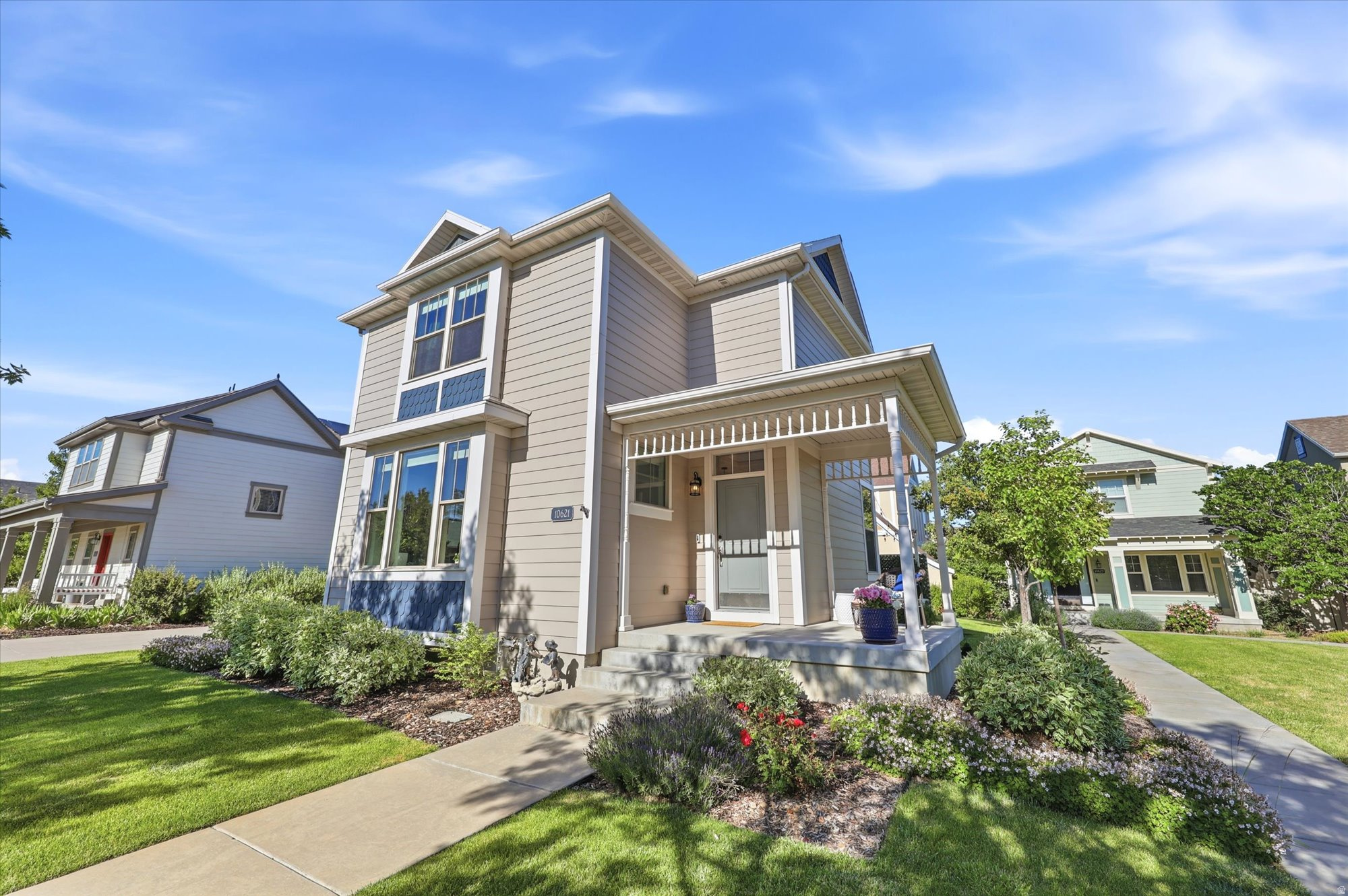 Welcome to Eastlake Village in the heart of Daybreak! This beautifully maintained 4-bedroom, 3.5-bath home offers the perfect blend of comfort, style, and convenience in one of Utah's most sought-after communities.   Inside, you'll find bright, open living spaces filled with abundant natural light and a thoughtfully designed floor plan ideal for both everyday living and entertaining. The upgraded kitchen features stunning quartz countertops, a gas range with a convenient pot filler, and stylish finishes that make the space both functional and beautiful. Designer lighting and modern touches throughout add warmth and character to the home.  Upstairs, the spacious primary suite offers a private retreat with an en-suite bathroom, while two additional bedrooms, a full bathroom, and a convenient laundry room complete the second level. The finished basement provides additional living space, including a fourth bedroom and full bathroom, offering flexibility for guests, a home office, gym, or playroom.  The attached 2-car garage includes valuable overhead ceiling storage and additional storage space, providing plenty of room for bikes, outdoor equipment, and seasonal items. Outside, enjoy a private patio, beautifully maintained landscaping, and the added benefit of a large green space directly next to the property, creating a sense of openness and privacy.  Living in Daybreak means enjoying an unmatched lifestyle with access to five swimming pools, kayak and paddleboard access on Oquirrh Lake, a fitness center, over 50 miles of trails, dozens of unique parks, year-round community events, and high-speed internet included through the HOA. Enjoy walkable neighborhoods, scenic lake views, and all the amenities that make Daybreak one of Utah's most desirable communities.  Don't miss this incredible opportunity to own a move-in-ready home in Eastlake Village-schedule your private showing today!    Square footage figures are provided as a courtesy estimate only. Buyer is advised to obtain an independent measurement.
