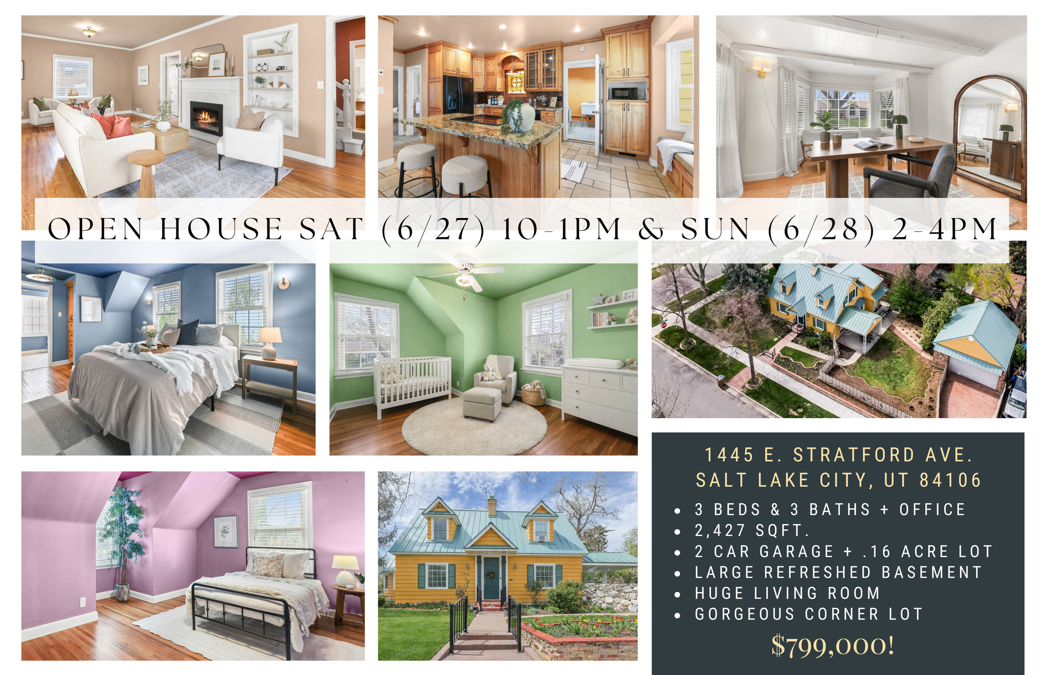*HUGE PRICE REDUCTION!* LOWEST PRICE PER SQFT IN HIGHLAND PARK! OPEN HOUSE THIS SATURDAY (6/27) FROM 10AM-1PM. BASEMENT REFRESH COMPLETE WITH NEW PAINT, LIGHTING, & STAIR CARPET + NEW MASTER SHOWER COMPLETED AFTER WE LISTED TOO! SEE ATTACHED LIST OF ALL RECENT UPDATES! The most charming and perfectly located Highland Park home is finally here! This dreamy, move in ready home truly has it all: 9 foot ceilings, beautiful hardwood floors, and one of the largest living rooms in the neighborhood, creating a bright, open space perfect for gathering, relaxing & entertaining. The layout features 3 bedrooms & 3 bathrooms, plus a darling front office (or optional 4th bedroom) right off the main living space. The spacious kitchen offers incredible functionality with a bar island, adorable built in seating area, and a large dedicated dining space, perfect for hosting & everyday living. Enjoy a bonus mud room/laundry room on the main level, a perfect landing space or use it for extra kitchen appliances or  as a mini butler's pantry. Upstairs, you'll fall in love with the gorgeous dormer windows that add character & charm, while the spacious primary suite offers a true retreat with a rare walk in closet & private ensuite bathroom featuring a brand new shower! Thoughtfully updated & full of personality, this home also includes an adorable covered patio space, gorgeous garden spaces prepped & ready for your personal touches, and a cozy gas fireplace that makes the home feel warm & inviting year round. The unfinished basement offers excellent storage & future potential for more finished space: basement family room, gym, bedrooms, or dance studio! Sitting on one of the largest, beautiful corner lots in the neighborhood, the spacious backyard provides room to play, entertain & unwind. The oversized 24x24 garage (576 sq ft) with 9 foot doors is a rare find, perfect for tall trucks, boats, or all your toys. A beautiful brick driveway adds to the curb appeal, along with a durable metal roof for long term peace of mind. Updates include kitchen, new windows, new master shower, & a stunning brand new tall front door. This home has been extremely well cared for for countless years & it shows. UNBEATABLE LOCATION: Walk to Sugar House Park without crossing major roads, enjoy nearby favorites like Violet, Feldman's Deli, local shops, & a pop up coffee and pie shop just minutes away. Walkable to schools, with quick freeway access & only a 2 minute drive to all the best Sugar House shopping, dining & entertainment. You're also close to the Salt Lake Tennis Club for fitness, pools & more! Set on one of the most beautiful sycamore tree lined streets with gorgeous views, this home checks every box & then some. Come see it today!