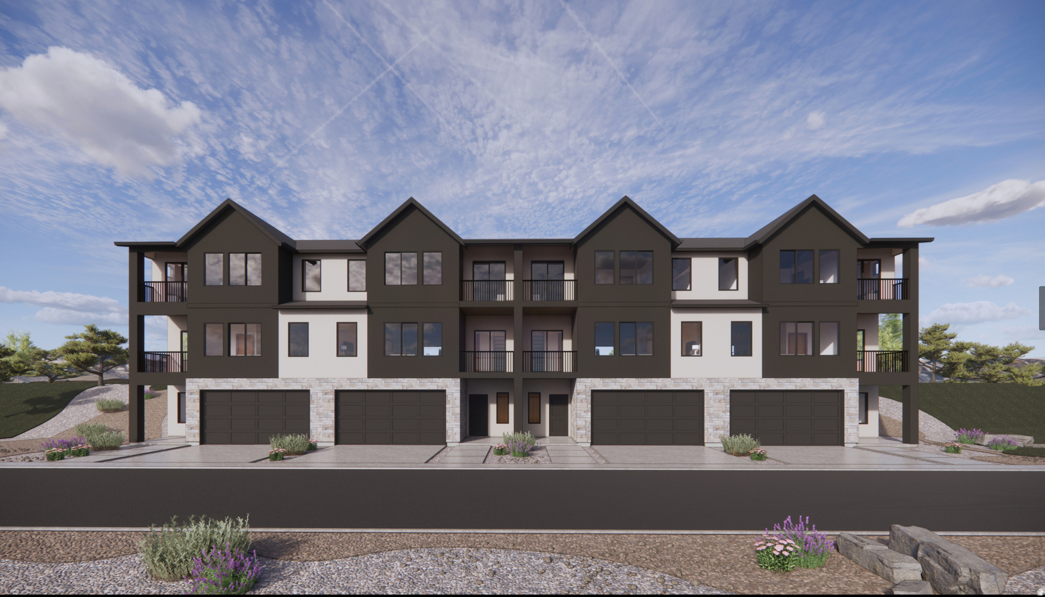 Now selling in the Inverness community in Lehi. The Overton (Mid Unit) is a 3-story townhome with 3 bedrooms, 2.5 bathrooms, and a 2-car garage. The first floor includes an unfinished flex space with a future bedroom and bathroom layout. The second floor features an open kitchen with an island, a walk-in pantry, a dining area, a family room, a powder bath, a covered patio, and an additional deck. The third floor includes all bedrooms, a walk-in closet in the owner's suite, two full bathrooms, a laundry room, and a flex room with a private deck. Total finished square footage is approximately 2,405. Located near main Lehi corridors with community access to the clubhouse and common areas.
