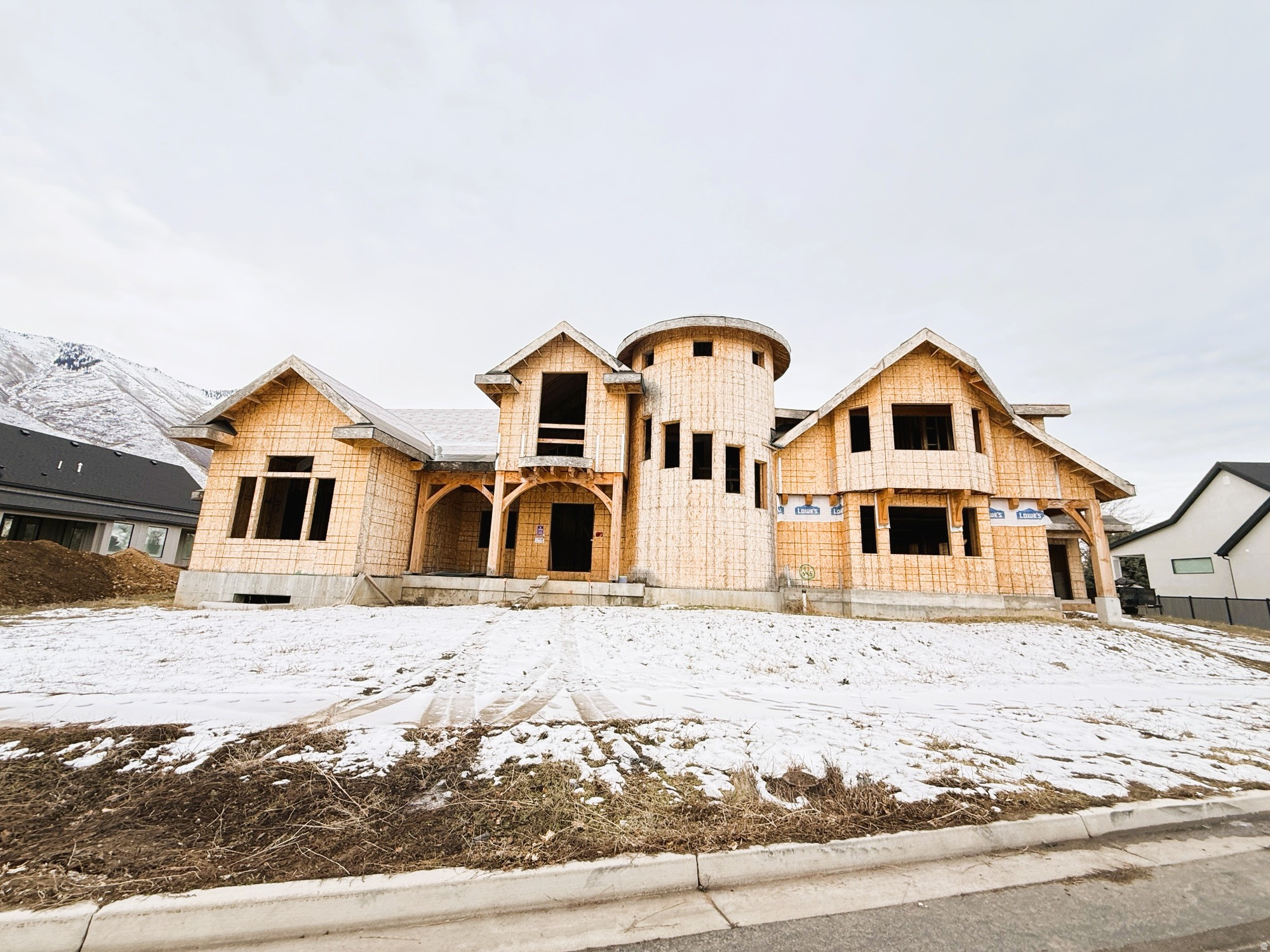 Here is an incredible opportunity to buy an incredible home and finish it the way you would like it. This home is being sold as is as in the condition that it is currently in. Massive vaults with fabulous custom timbers, and an unbeatable location. This house is in the framing stage and completed. Call with questions.