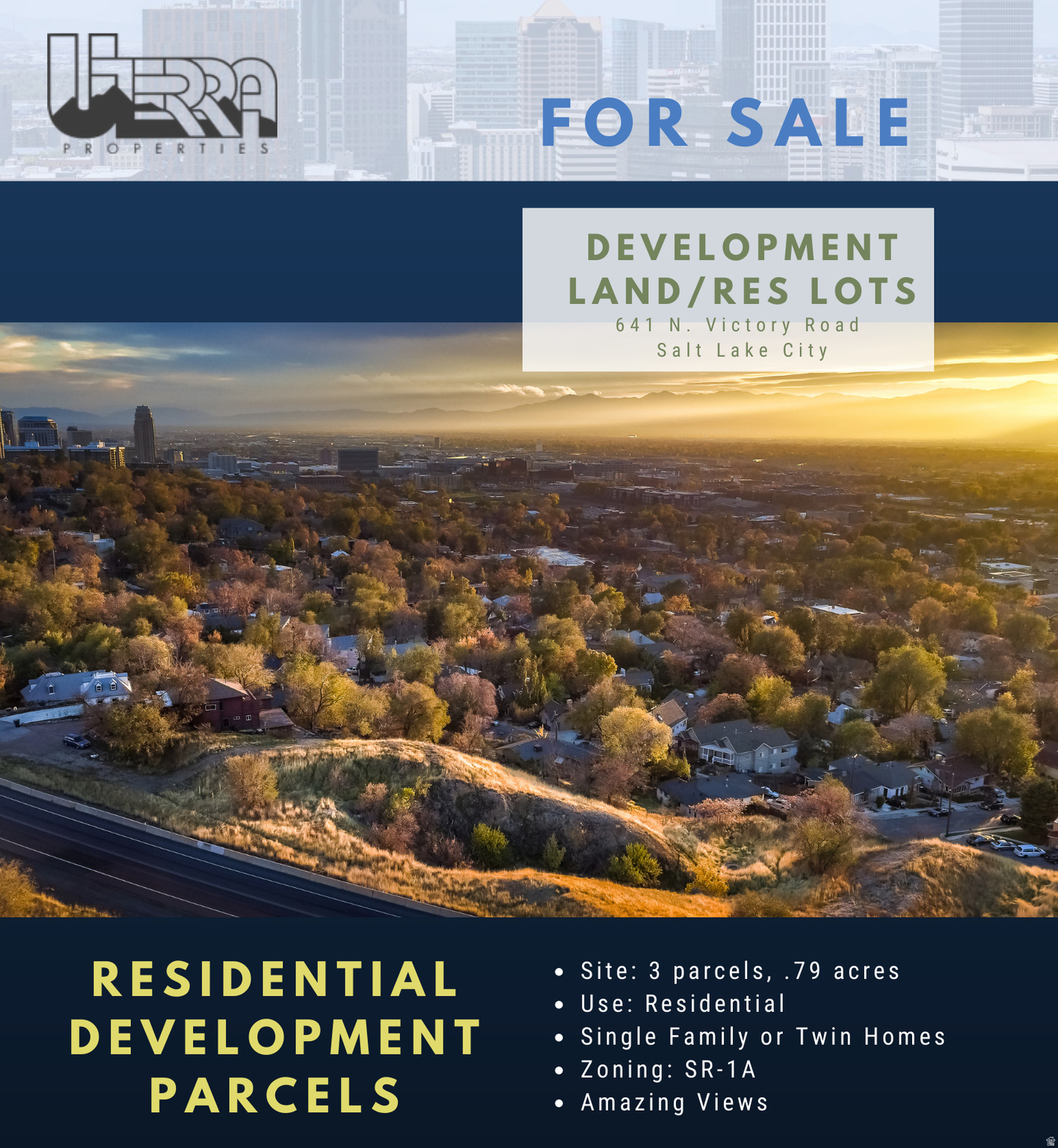 Spectacular view lot assemblage on top of the Marmalade neighborhood in Salt Lake City. These parcels feature excellent viewsheds and easy access to transit and freeways. All utilities available. Zoning is SR-1A, enabling combining the lots for one estate lots or up to 3 sets of twinhomes. Total acreage is .79 acres.