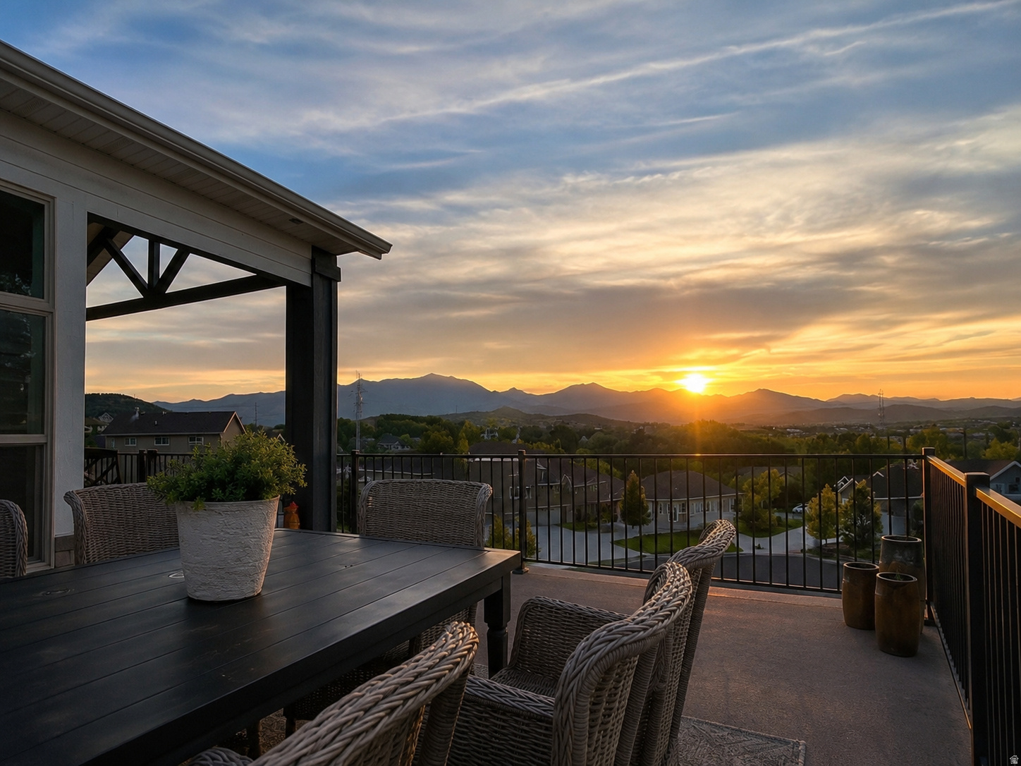 Tucked into the foothills of the Ranches of Eagle Mountain, this custom home delivers main-level living, multigenerational flexibility, and views you have to see to believe. Set on a rare .78-acre lot backing directly to BLM land, you will never have backyard neighbors here. The open space behind the home leaves room for pickleball courts, outdoor entertaining, or simply keeping it wide open. Inside, the main level centers on a bright kitchen with quartz counters, custom alder cabinetry, a gas range, and a large center island. Vaulted ceilings with exposed wood trusses run through the kitchen and dining areas. Step out the kitchen french doors onto an enormous covered and uncovered patio that takes in sweeping mountain and valley views, with sunsets to match. The living room features a gas fireplace flanked by custom built-in shelving, and a dedicated office gives you a quiet place to work from home. The primary suite offers a comfortable retreat with plenty of natural light. Throughout the home you will find quartz in the kitchen and bathrooms, plantation shutters on the windows, two laundry rooms, a theater room, and cold storage with built-in shelving. The standout feature is downstairs. A complete second living space includes its own kitchen, living area, bedrooms, bathroom, and laundry, perfect as an ADU or mother-in-law suite. It sits right off the garage entry, making true main-level living possible for extended family or rental potential. The basement also includes a full-size theater room and a large workshop with epoxy flooring, with the same durable epoxy finish carried into the oversized three-car garage. Add upgraded landscaping, a spacious driveway, and a hillside setting that puts those views front and center, and you have a home built for the way real families live. No HOA!! Close to several parks, miles of on and off-road trails, a bike park, restaurants, fast and fast-casual dining, grocery stores, and shopping. Square footage figures are provided as a courtesy estimate only and were obtained from public record. Buyer is advised to obtain an independent measurement.
