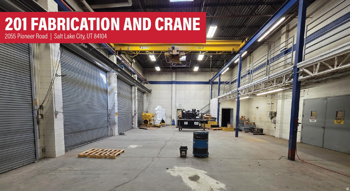 Total: 5,302 SF  Office: 1,121 SF  Warehouse: 3,605 SF  Structured Mezzanine: 576 SF  Clear Height: 20'  Yard Space Available  Four (4) - 12x14 Grade Level Doors  26' x 26' Column Spacing  Radiant Heat  High Bay Fluorescent Lighting  5-Ton Crane (16' Hook Height)  2-Ton Jib Crane  Tool Room  Compressed Airlines  Exhaust Fan  Skylights in Warehouse  Break Room  Year Built: 1986/1997  Zoning: M-1  Access: Quick Access to SR-201, I-215, Bangerter Highway, I-80, and I-15  Location: Within Minutes to Salt Lake City International Airport and Surrounding Amenities