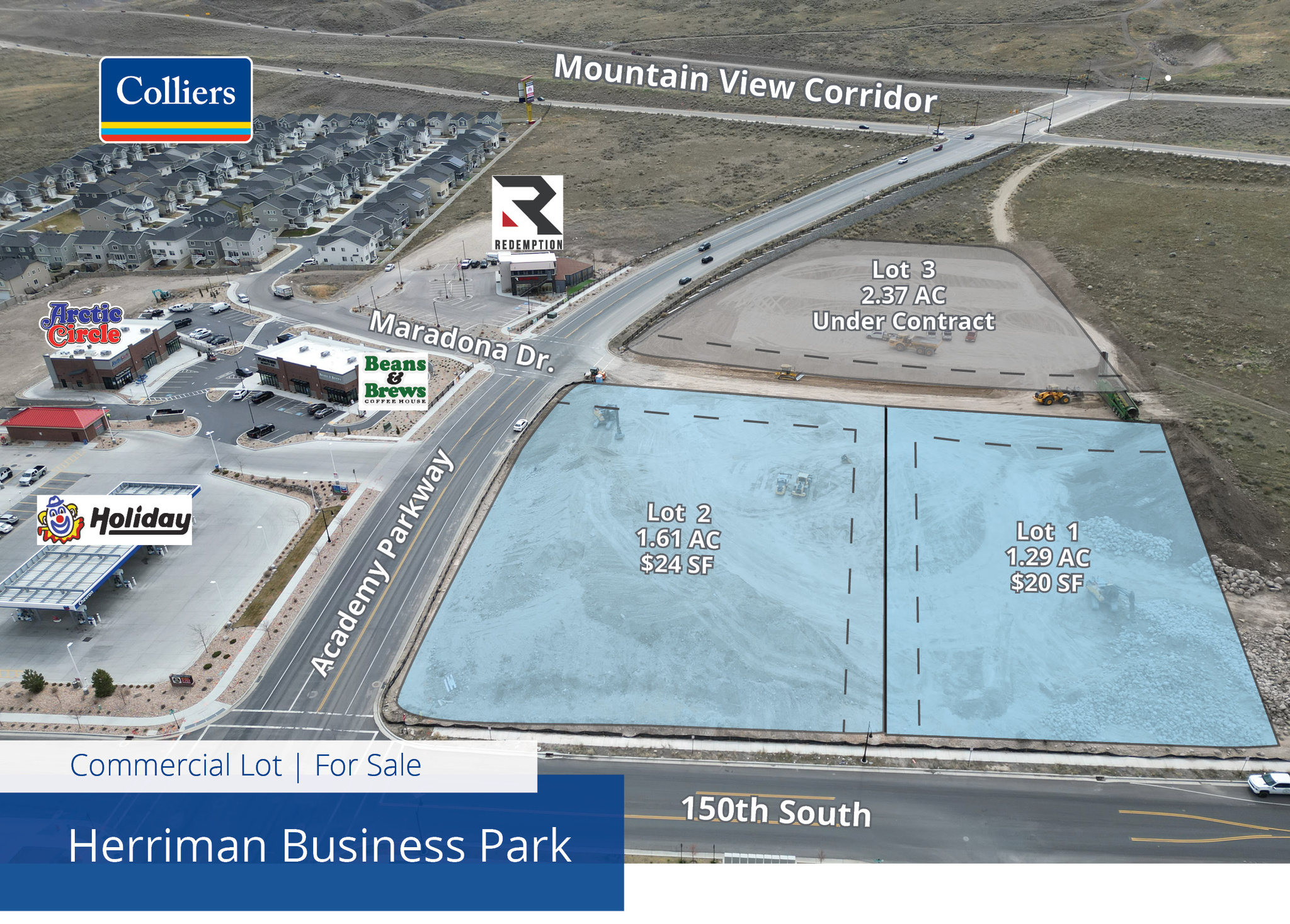 Herriman Business Park Lot 1 and 2 available. Strategically positioned right off the Mountain View Corridor in Herriman, Utah. This prime location offers excellent visibility and accessibility, making it an ideal spot for businesses looking to establish or expand their presence in a rapidly growing area.  Zoned as community commercial, it allows for a variety of commercial uses, including retail, office space, restaurants, car wash, and more.  Owner/Agent.
