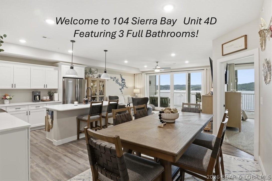 Only 2 years old & looks better than brand new! Stunning waterfront condo offers 3 bedrooms & 3 full baths, all are ensuite, a rare find! Located in Camdenton MO at Lake of the Ozarks on the 5mm of the Big Niangua, @ Sierra Bay. Main Channel views & cove protected dock. This unit is over 1600 sq ft & includes a 14 x 36 boat slip. Located on the 4th floor, no steps necessary due to elevator service to parking lot, pool & boat dock. 9 ft ceilings/8ft sliders. Granite & Quartz countertops. Kitchen is spacious with stainless steel appliances, custom cabinets, tons of storage space & a pantry. Large Laundry room. Spacious Owners Suite has slider to deck, large walk in closet, tile floors & oversized shower. Screened in deck is perfect for grilling & has a storage closet. Owners have added tons of upgrades to this condo: Screened in deck, added electrical outlets & ceiling fans, deck floor grinding & finishing, storm door, custom tinted glass, 3 deck roller blinds, window treatments, laundry room cabinets & counter top, water filter/softener, Electrolux stack washer & dryer, hardware in all 3 bathrooms. HOA Quarterly includes Sewer, Water, Trash, Internet, & Pest control for dock & condo