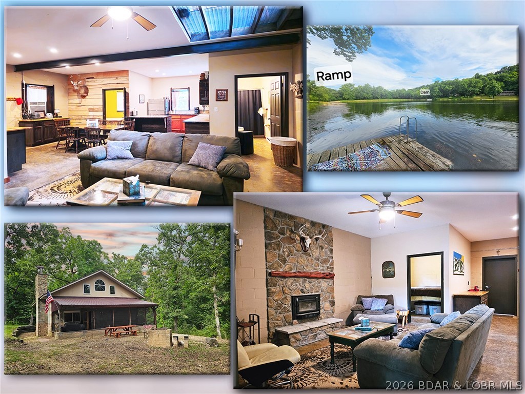 Perfect Retreat! Make this wonderful maintenance free cabin yours! Offering Beautiful Country Grounds on over 350 Shared Acres of Land - Enjoy Hunting, Trails, Hiking, Fishing, Swimming, Boating, Kayaking, Ice Skating & So Much More! This cabin has tons of space for gatherings w/ full Kitchen, Dining, Great Room, Full Bath (tank-less water heater) & 2 bds on the main & a huge room above w/bunks. Built in 2014 ~ 1630sq w/Stone, Hardie Siding, Vinyl Eaves, Metal Roof, Electric, Fiber-Optic Option, Wood-Burning Fireplace, Septic & Well, ~4 Acre Lake located ~200ft in front of cabin fed by Fresh Water Springs w/ Ramp, Dam & Swimming Docks, Deer Stands for hunting in a few different areas, Trails throughout the grounds for hiking, golf carts/utility vehicles, Creeks that run thru & a Cave to explore. (Crystal Lake Social Club has 20 members & 12 cabins - shared land/own the cabin). Located < 1 mile from Timber Ridge Winery, approx. 5 min. to Stover, 10 to Laurie, 25 to Buffalo Creek, 20 to Ozarks International Raceway & 30 to Loop Off-Road Park & Big Dicks on lake. 2 hrs to KC & 2.5 to STL. Turn-key. Land is not separated. Owner Financing Avail -can use as rental- Duplicate List 3584853