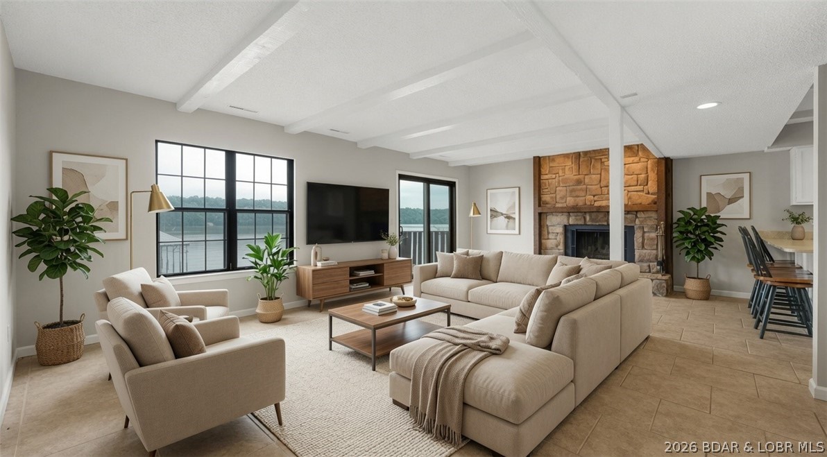 Opportunity to have a 6 bedroom condo is RARE! 6 bedrooms & 3 bathrooms on the water, no unit above you, with two full levels, is an incredible value for the space. Assessments have also just REDUCED over $1,500 per year! This unit comes freshly painted with updated countertops and fixtures, offers a bright & open main level and panoramic lake views from the living room, kitchen AND 4 bedrooms for a true “on-the-water” feel! The primary suite features a private bath, stone wood-burning fireplace, and private balcony. Main level also includes laundry and an additional full bath. Upstairs are 5 spacious bedrooms and another full bath—ideal for large groups or strong rental potential (3 months or more). Just steps to your 14x30 boat slip on Dock 5 (6th slip on right) with unobstructed views. Right out your door is the community pool, pet area and convenient parking. Incredible views of the Osage 29MM near Paradise, Margaritaville, dining, golf and shopping. If you want space, views and a prime lakefront location — this one delivers.