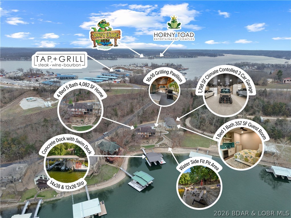 A truly one-of-a-kind opportunity at the Lake of the Ozarks—where luxury lakefront living meets charm & privacy. Perfectly positioned on a beautifully flat lot along this estate offers breathtaking lake views, incredible outdoor living, & rare privacy just minutes from lakefront dining & entertainment. The stunning 4-bed, 5-bath home has 4,082 SF of thoughtfully designed living space. Expansive windows capture panoramic lake views while seamless indoor-outdoor spaces make it perfect for entertaining. The property features exceptional parking and storage with a climate-controlled detached garage (two 10x8 and one 10x12), an electric car charger, dog wash station, & a 357 SF guest suite with private bed & bath. Enjoy evenings around the lakeside firepit, Cook in your 16x16 covered grilling pavilion, or unwind in multiple gathering areas surrounded by manicured landscaping. At the water, a massive concrete dock offers two boat slips, covered PWC slips, and an oversized swim platform, all tucked safely in a protected cove at the 1-mile marker of the Gravois Arm. As an added bonus, the property is just a short walk to one of the lake’s most popular waterfront destinations, Tap & Grill.