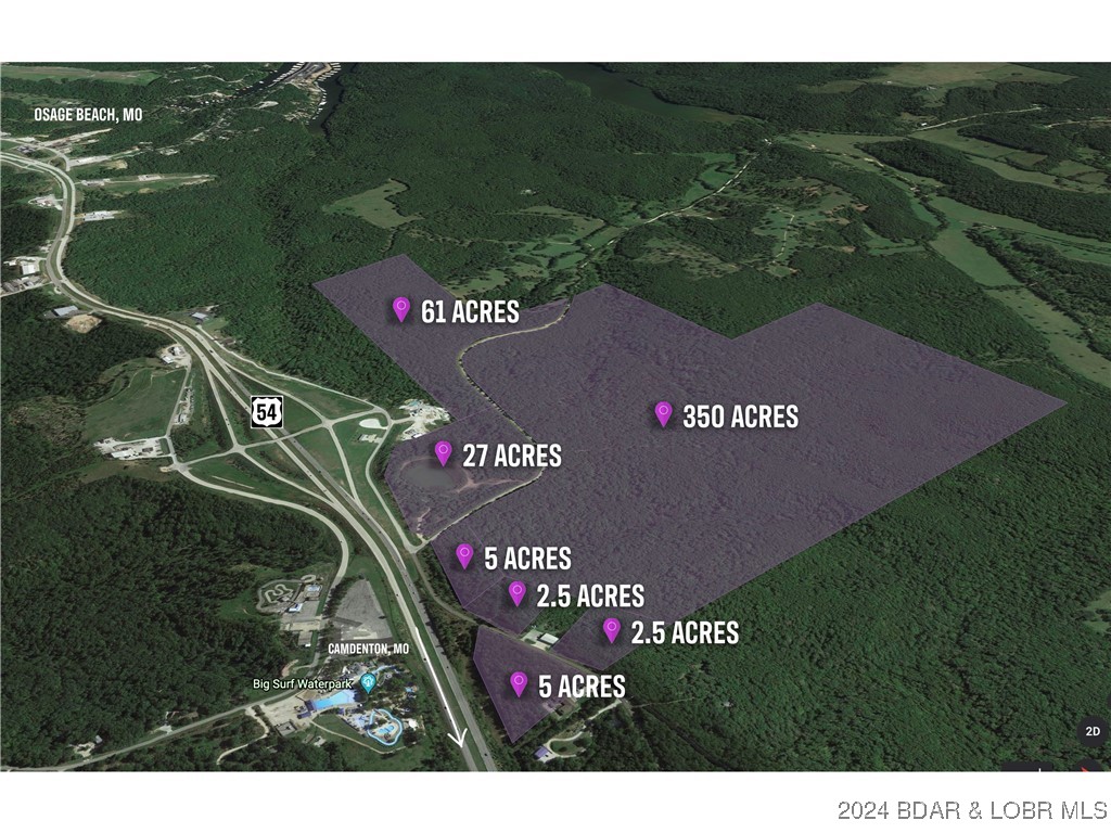 Lake of the Ozarks is growing rapidly. This is 425 acres of prime development ground located perfectly between Camdenton and Osage Beach at one of the few US 54 Expressway interchanges. You just can't find many large tracts of land for sale with this type of location and this opportunity. US Hwy 54 Expressway frontage directly across from Big Surf Water Park, just outside Osage Beach city limits. Easy accessibility, great visibility and an extremely high traffic count make this the perfect spot for Lake of the Ozarks "next big thing". Owner will subdivide or sell as listed package and let a developer control the whole piece. Perfect piece of ground for mixed use with commercial and residential. Topography lends itself well to possibly make some beautiful lakes.
