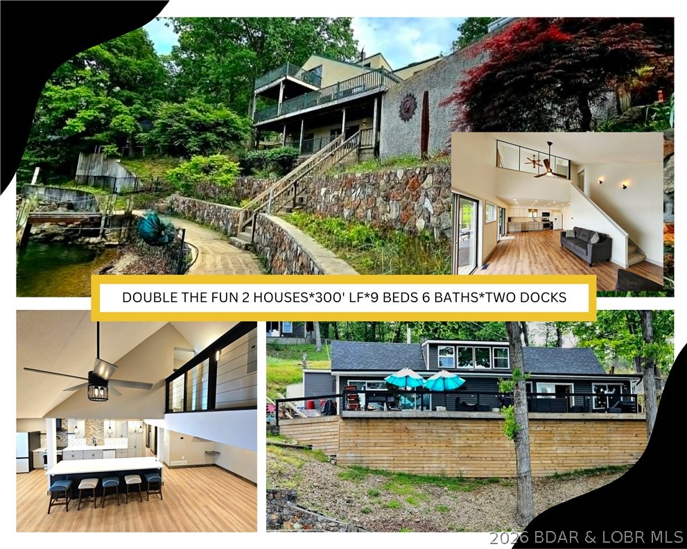 Two beautifully remodeled lakefront homes offering an incredible 300 feet of shoreline at the Lake of the Ozarks! This unique property features two private docks, a total of 9 bedrooms and 6 bathrooms, plus an additional second-tier lot for added flexibility and value. Located at the desirable 10-mile marker, you'll enjoy convenient access to popular waterfront restaurants, entertainment, and attractions. Whether you're seeking a lucrative investment property, vacation rental opportunity, family compound, or multi-generational retreat, this rare offering provides endless possibilities with exceptional lakefront living and income potential.