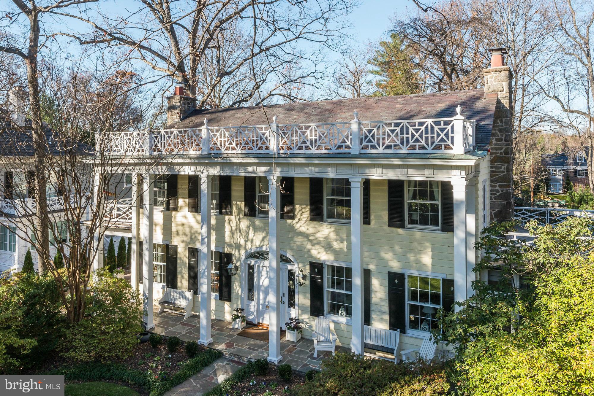 Distinguished, stately facade + large luminous rooms w/tall windows, high ceilings + beautiful architectural detailing. Wonderful, rambling floor plan, large common areas, gleaming newly renovated (2015) kitchen. 5BR/4BA on second floor plus top floor BR/BA; picturesque 2-story breezeway, multiple porches + balconies and lush, landscaped garden.