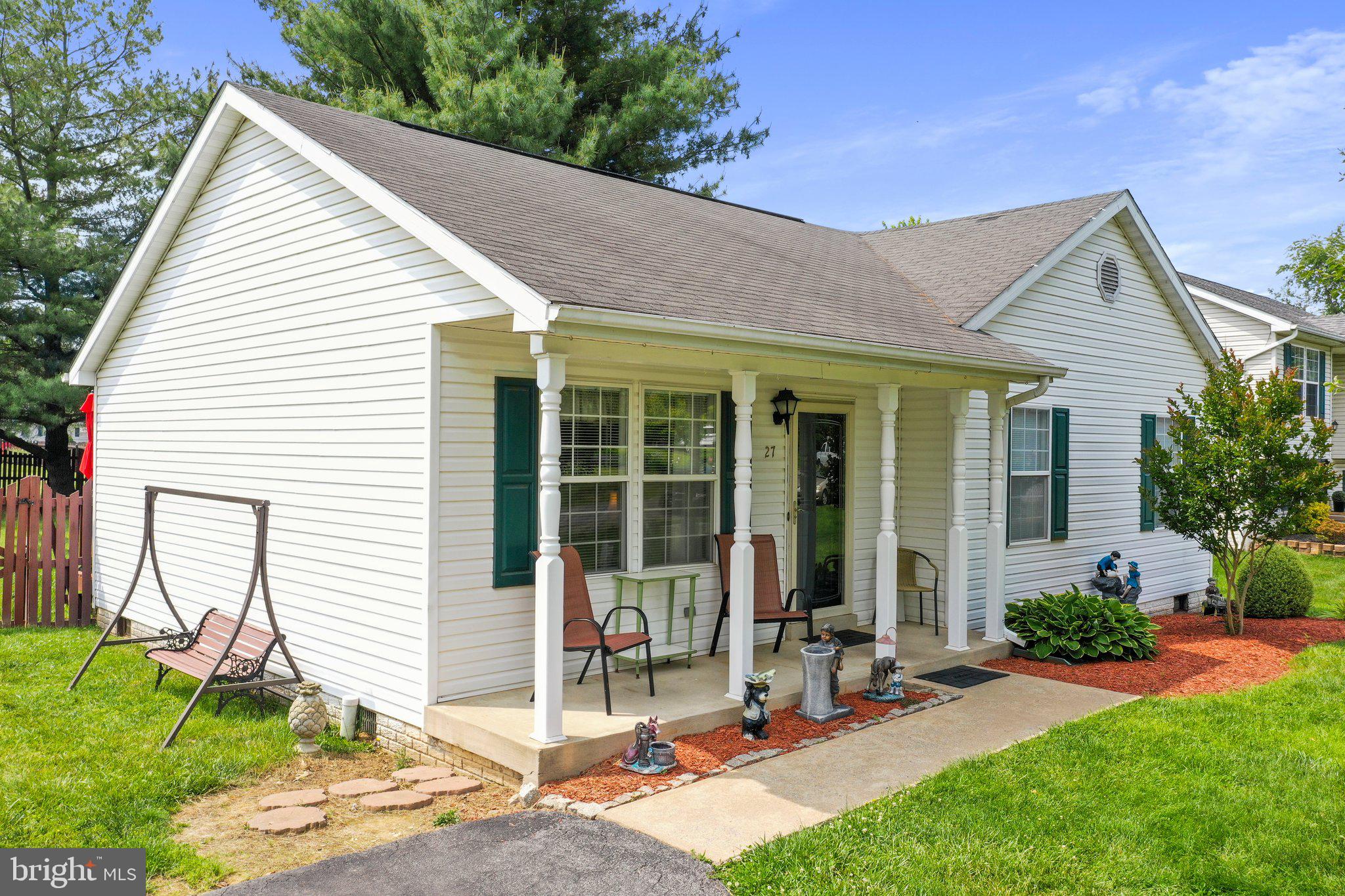 Enjoy your coffee on the front porch of this single family ranch style home  in Briar Run for less than the cost of a townhouse. This one level living  home offers 3 bedrooms and 1 bath(owners suite with walk-in closet). A Country kitchen with all appliances and pantry.   Separate dining room with sliding glass doors that lead to a large deck to relax on  and a fenced backyard. A generous sized living room welcomes you when you enter your home.  Separate laundry area. Mature landscaping and shed in the backyard for extra storage complete this home. A Must see!!