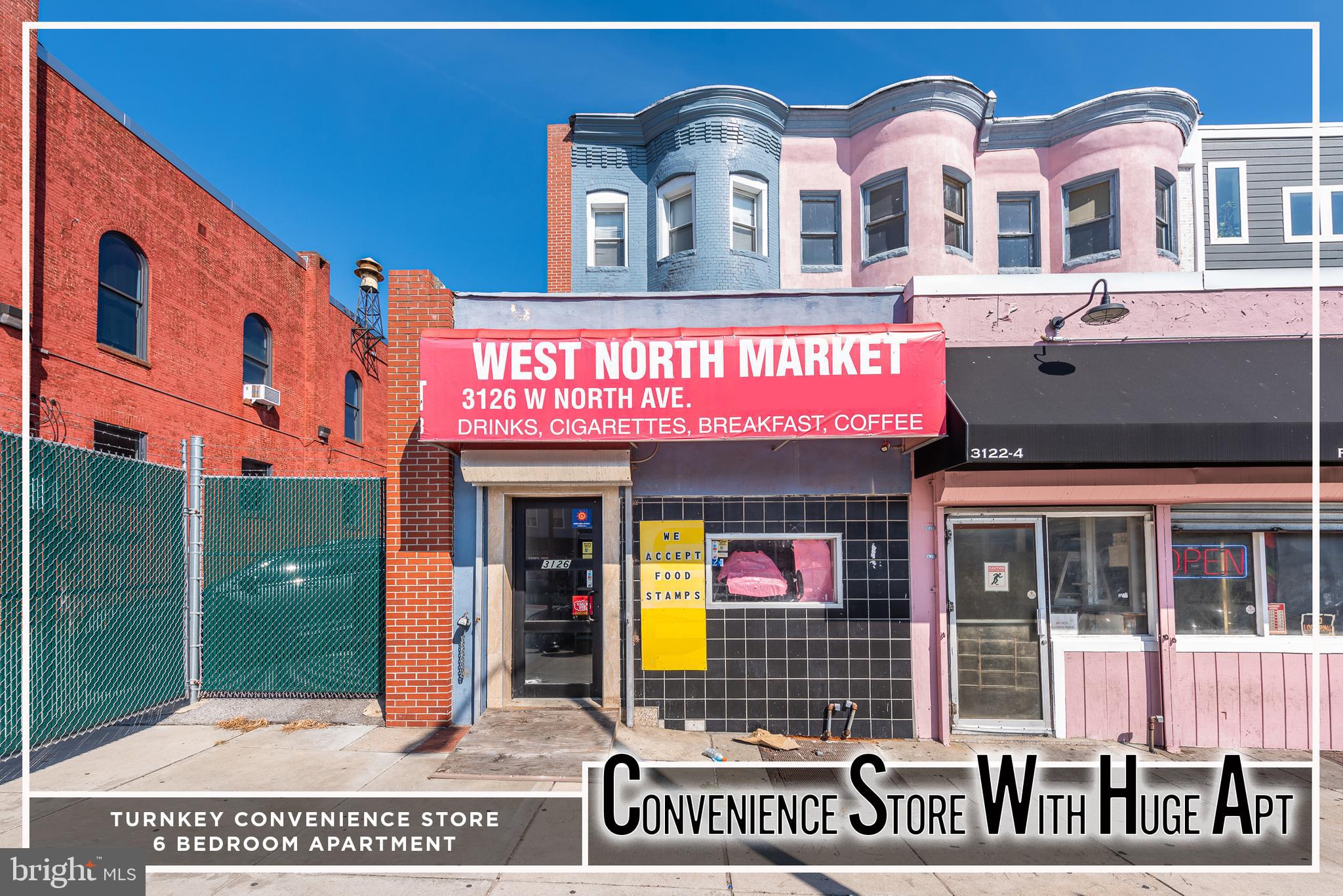 INCREDIBLE INVESTMENT OPPORTUNITY!  LARGE MIXED USE PROPERTY WITH TONS OF POSSIBLITIES!  Property is currently set up as a street level convenience store and upstairs residential unit.  The street level commercial space features a secure check out area, a larger rear retail food area with ample shelving and refrigerated units, a storage space, and a half bath.  The upper level residential space has a kitchen and 1/2 bath located on one level and a total of 6 bedrooms and 2 full baths on the upper 2 levels along with a rear deck.  This set up would be ideal for a rooming house.  Located on highly traveled North Ave. and close to Coppin State, Gwynn Falls Park, & Hilton Parkway