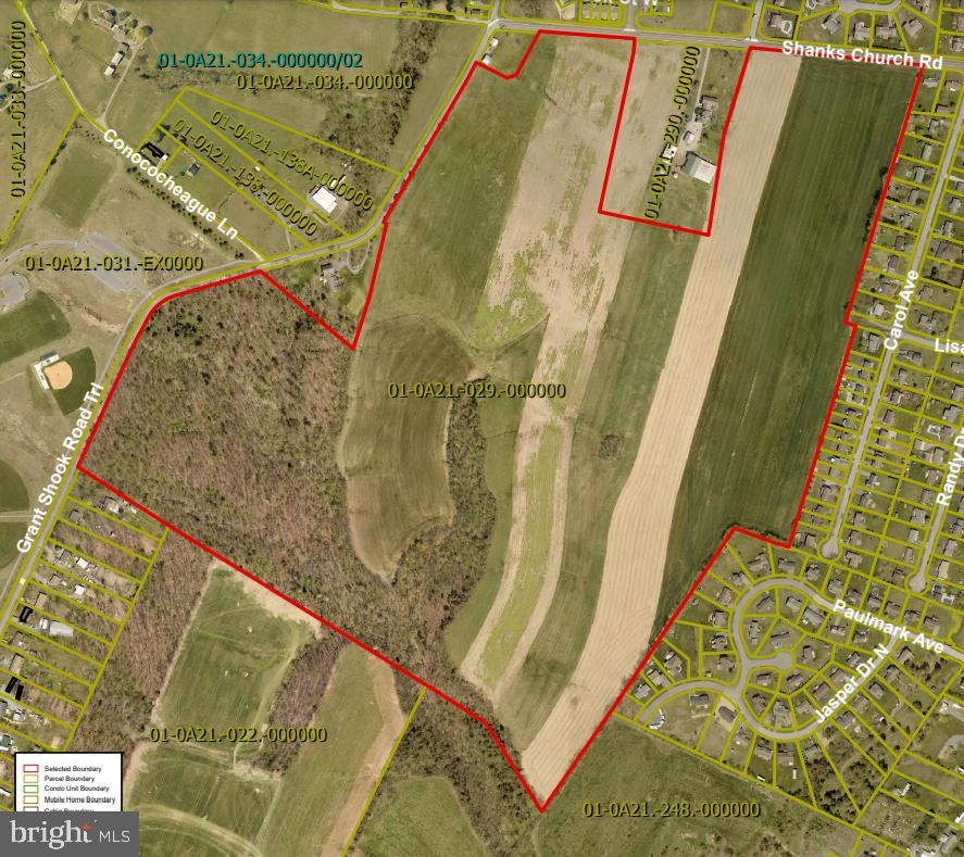 PRIME RESIDENTIAL DEVELOPMENT LAND zoned R2--ideal for multi-family dwellings.  Property fronts on Shanks Church Rd. and Grant Shook Rd. within walking distance to Antrim Township Park.  Site offers public sewer, natural gas, and public water possible.  Antrim Township has water source onsite and has applied for approvals from the State. Topography and mostly tillable land are favorable for home sites.