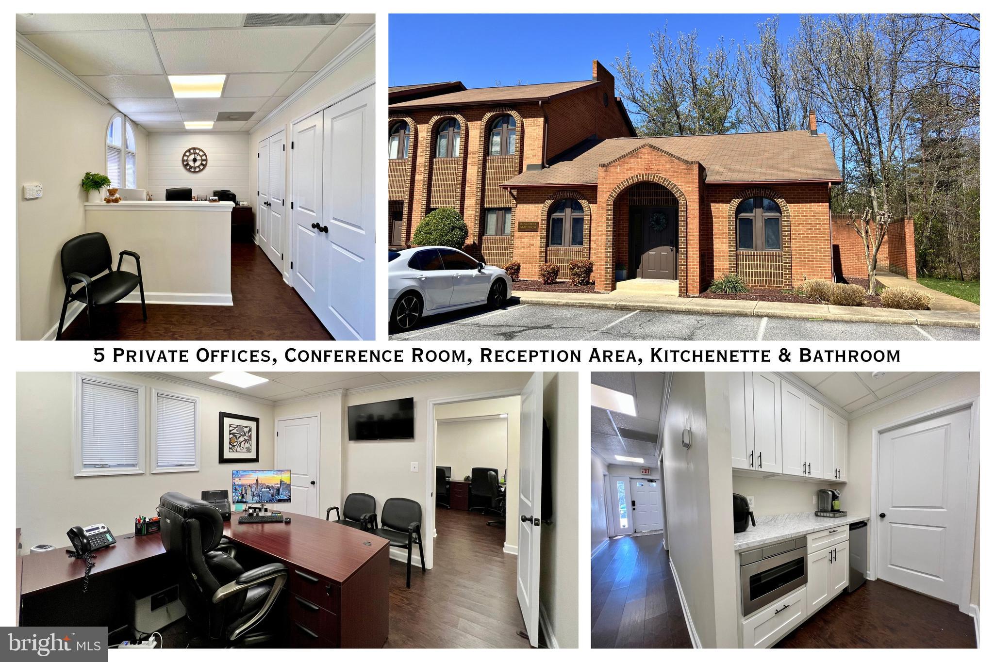 This one-story brick end-unit office boasts prime frontage on both Post Office Road and Industrial Park Drive. It features 5 private offices, a conference room, an open reception area, kitchenette, bathroom and attic storage (w/pull down). The space is thoughtfully designed and in excellent condition.  Fully renovated with modern updates throughout. Don't miss your chance to secure a stunning office in the heart of Waldorf. CAM fees $241/month.  The space is partially furnished (negotiable) and move-in ready! Schedule a showing today!