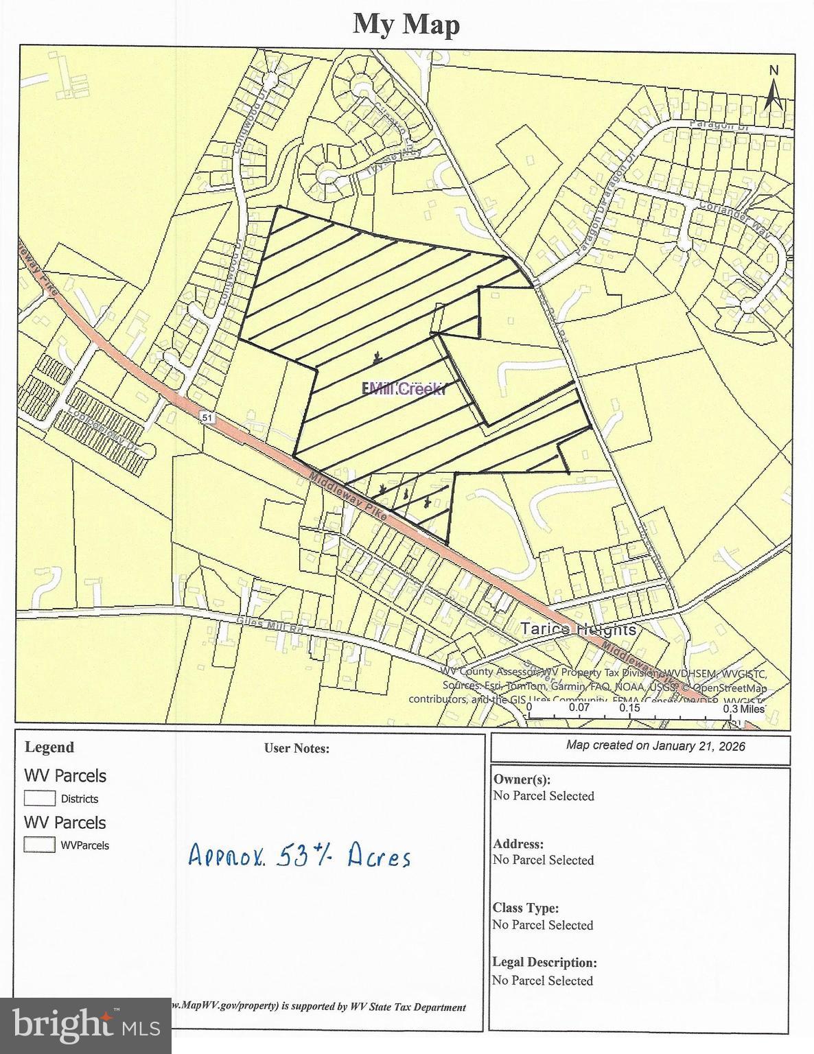 Approximately 53± acres comprised of four separate parcels with excellent income and development potential. The property includes a farmhouse (in need of repair), two rented single-family ranch homes, two double-wide mobile home rentals, and six single-wide mobile home rentals, for a total of 11 income-producing units.

The acreage is served by public water and sewer and offers significant development potential with no zoning or deed restrictions. Features road frontage on both Middleway Pike and Three Run Road, providing strong accessibility and visibility.
