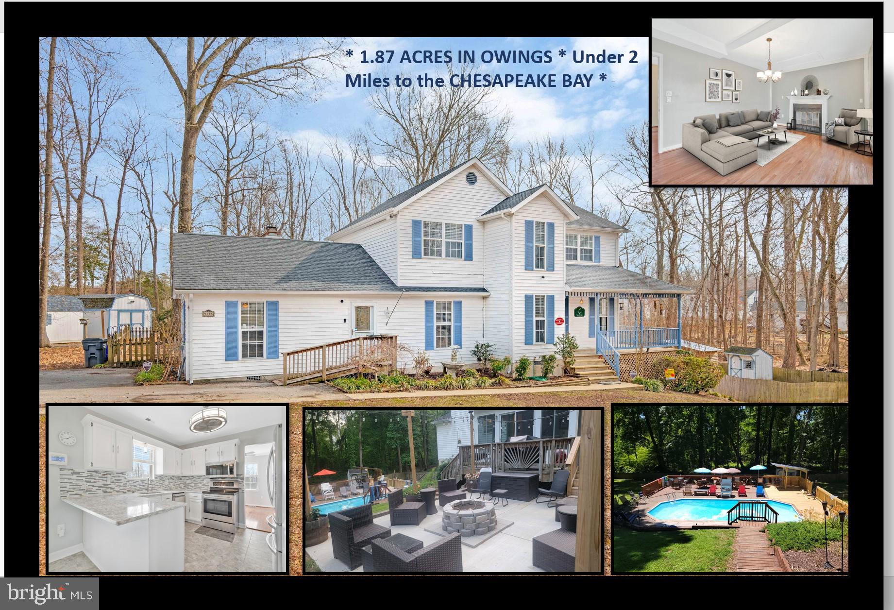 NO HOA * This Unique Home is on  a 1.87 acre Private Lot on a Culdesac.  Enjoy the Wildlife from your Wrap @ Porch * New Roof 2018 w/30 Year Shingles * Refrigerator New in Sept 2024  * Hardwood floors, Tile and LVP flooring throughout.  Big Gathering room w/FIREPLACE can be your Living Room or Dining Room w/additional Flex space on Main level which can also be Dining or Living Rm - You Decide! Breakfast Room on Main level can be used as and was most recently used as an Office * 4 Generous Sized Bedrooms in all * 2nd Bedroom on Upper Lvl has a large WIC and Adorable Office Nook * Beautiful Inground Sport Pool is 3ft on the ends to 6ft Middle * Loop-Lock Pool Cover * Pool Pump New in 2020 * Custom Built Pool-Bar makes this a perfect Oasis for Entertaining.  Fenced back yard for your pets.  NO HOA * Big enclosed All -Season Sun Room off kitchen takes you to Your Cafe Patio w/Fire Pit * 

If that's not enough! - This Fabulous Home offers a complete SEPARATE ENTRY APARTMENT SUITE off the main house with its own 2nd Kitchen w/refrigerator/microwave/stove, full bathroom, family room, Bedroom w/a Walk-In Closet and 2nd Set of Laundry appliances - Washer / Dryer. Perfect for In-Law Suite, Main-Level Primary Suite or Additional income if you wish!  It IS part of Main House, but also has separate Entrance which makes this another GREAT Flex Space! New Heat Pump  for Apartment 2022 * Multi-Generational Living.  2 Heat Pumps * 2 Kitchens * 2 Hot WAter Heaters * 2 sets of Appliances and Washer/Dryer

BAT septic installed January 2015 and just serviced Dec 2024 * 2 Large Sheds provide all the STORAGE you need and have electric! Plus an additional “pool shed” and a Fenced Yard! BEST OF ALL – NO HOA!  FANTASTIC SCHOOLS * EASY commute to DC/Balt/Annapolis & Jt Base Andrews * LESS THAN 2 MILES to the CHESAPEAKE BAY AND ALL that CHESAPEAKE and NORTH BEACH HAVE TO OFFER - FANTASTIC DINING * BARS * SHOPPING * PUBLIC BEACHES * MARINAS * SLOTS * ROD N REEL RESORT *  3 BOARDWALKS * SO CLOSE TO IT ALL!!*

Lawn Equipment, if Your interested, can be purchased separately