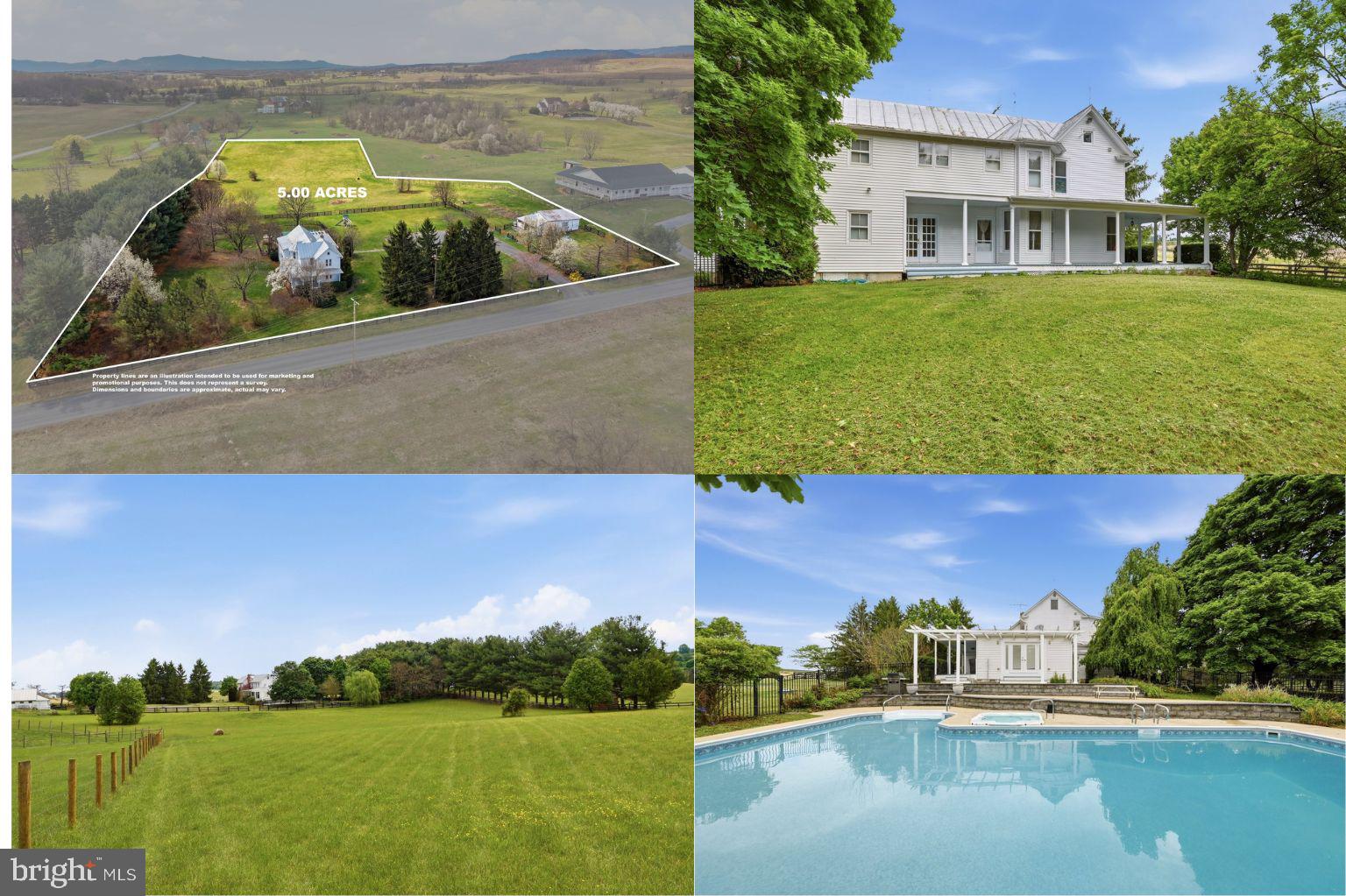 Historic 1800s farmhouse on 5 unrestricted acres just outside Winchester, Virginia, in desirable Frederick County. This 3-bedroom, 3-bath farmhouse blends historic charm with modern comfort and is equestrian-ready. Features include hardwood floors throughout, a farmhouse kitchen with wrap-around covered porch access, a dining room with a fireplace, a living room with a fireplace, and a den/office with built-in bookcases. The primary suite has a sitting area and a full bath.  Unfinished basement for storage.
Enjoy outdoor living with an inground pool, hot tub, and covered patio, perfect for entertaining. 
Horse amenities include a 40x30 barn with 2–4 stalls, an automatic waterer, and 8-strand high-tensile fencing (a small portion of fencing needed to fully enclose the back field).  Unrestricted acreage is ideal for horses, livestock, or hobby farming.  Conveniently located minutes from Old Town Winchester, shopping, restaurants, and farmers' markets.   A rare opportunity for historic farmhouse living, equestrian property, and peaceful country lifestyle near town.  All sizes are approximate. See documents for a list of home improvements - home has been well-maintained and updated.